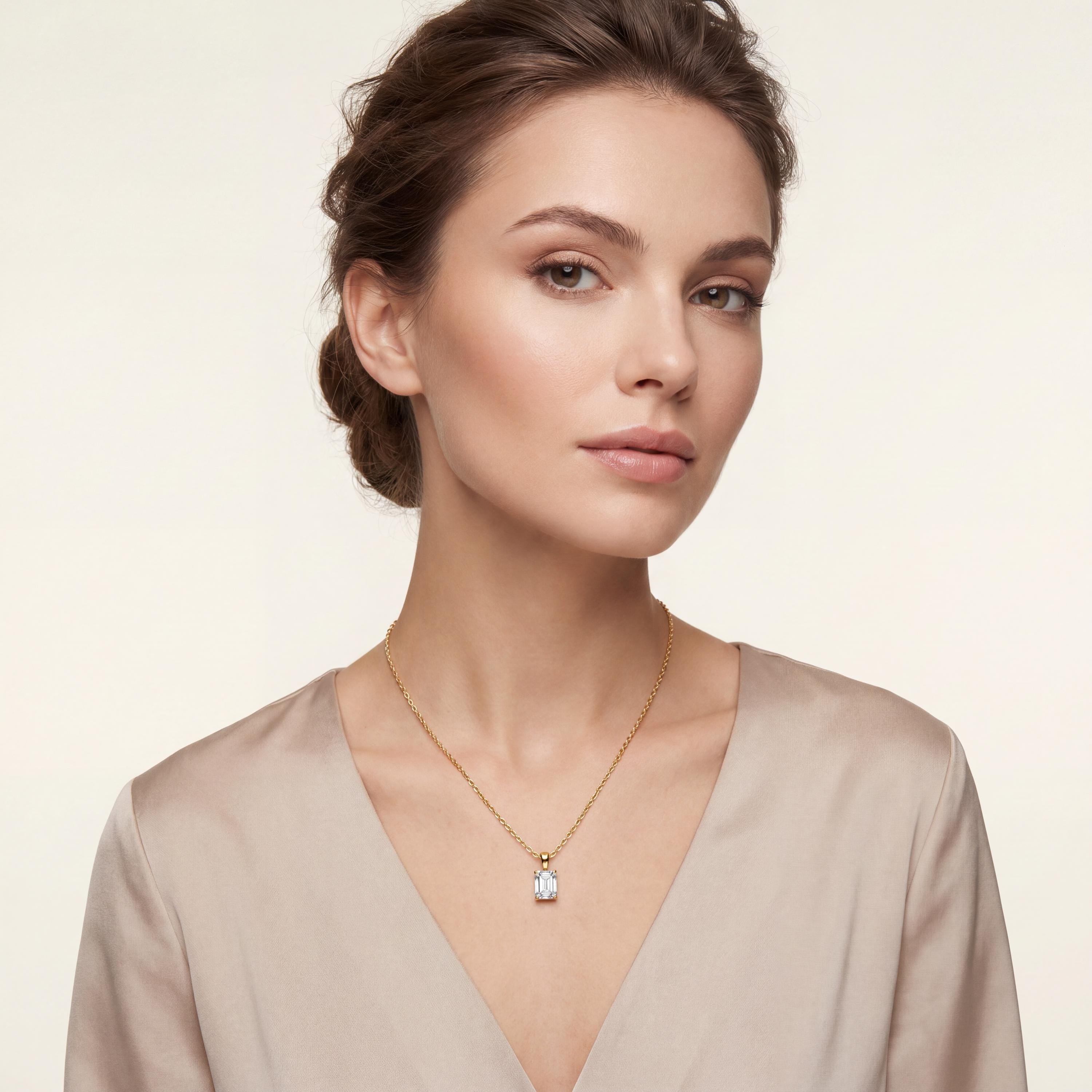 14K Gold Diamond Prong Set Pendant  Elegant Emerald Cut Necklace  Dainty Modern Minimalist Gift For Her By JIORE