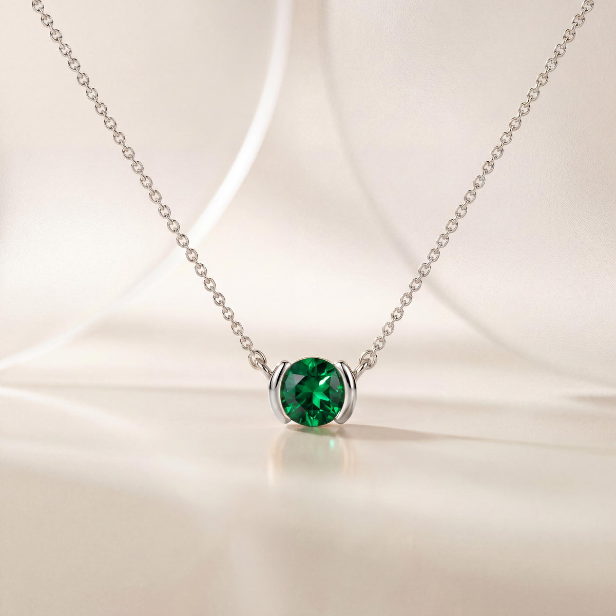 Round Brilliant Cut Emerald Solitaire Dainty Half Bezel 14K Solid Gold Pendant Necklace