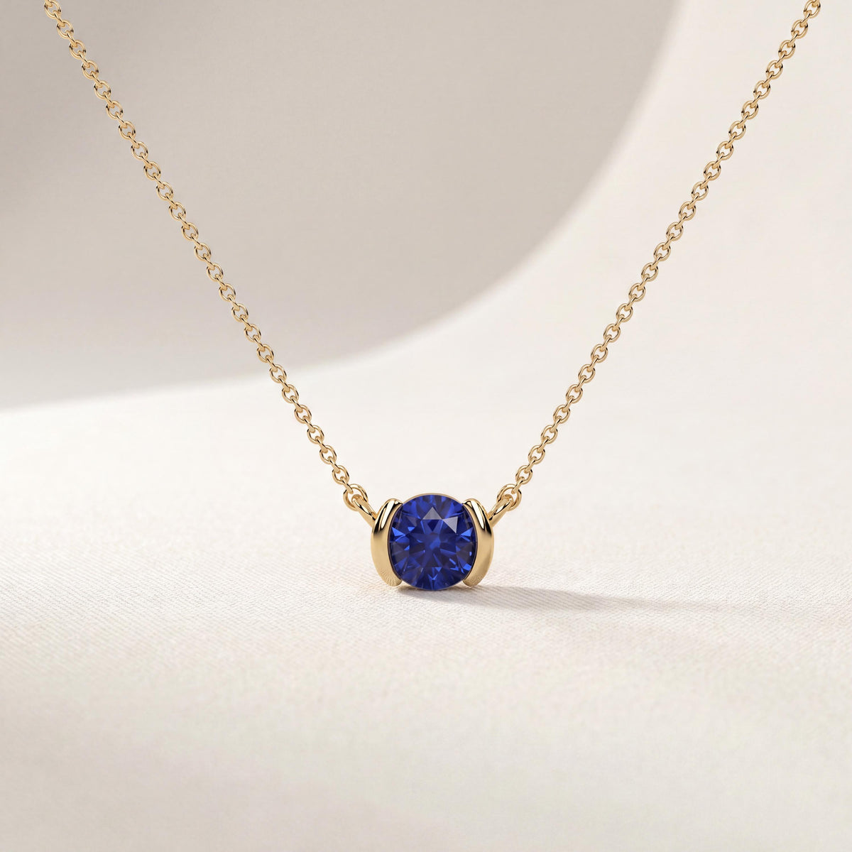 Round Brilliant Cut Sapphire Solitaire Dainty Half Bezel 14K Solid Gold Pendant Necklace
