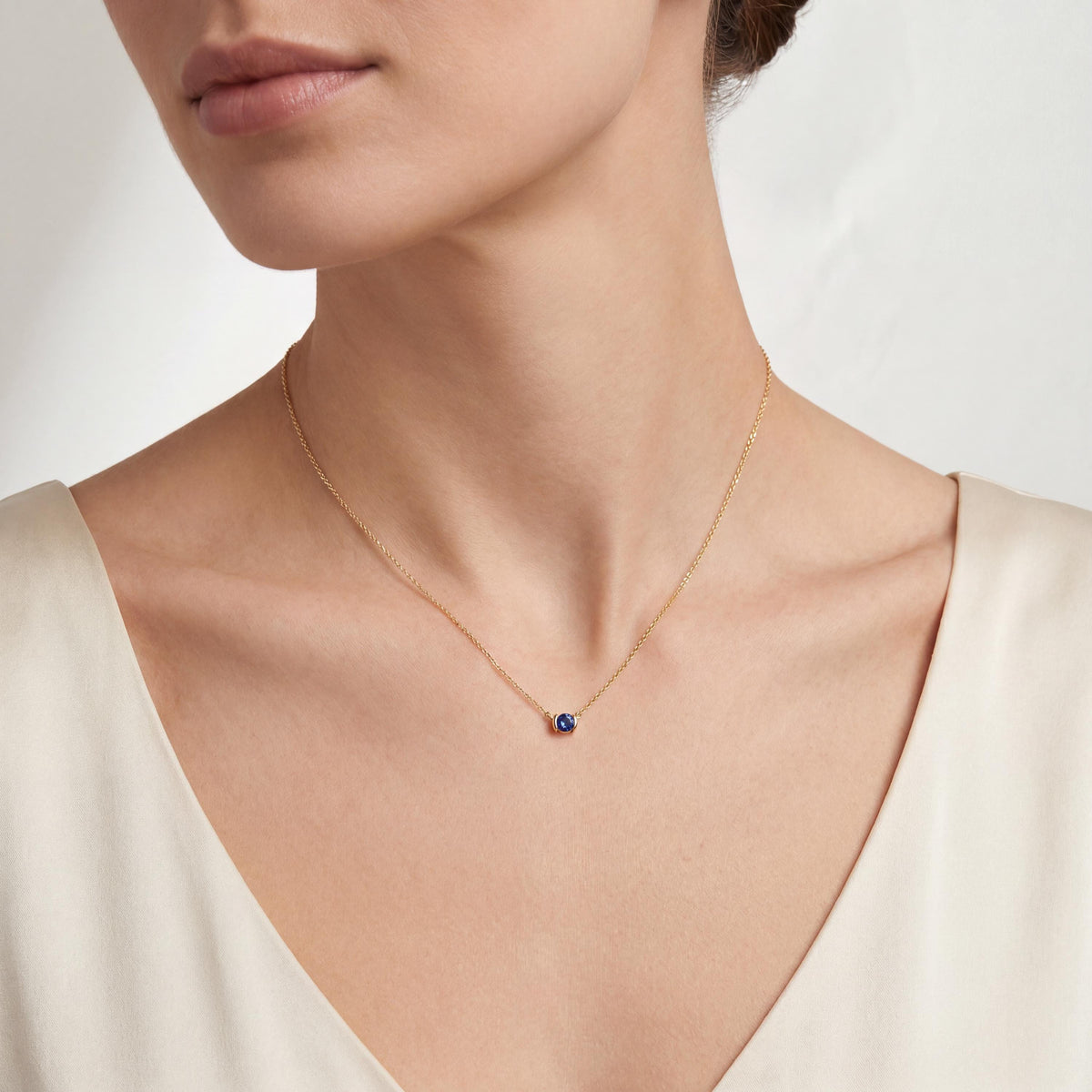 Round Brilliant Cut Sapphire Solitaire Dainty Half Bezel 14K Solid Gold Pendant Necklace