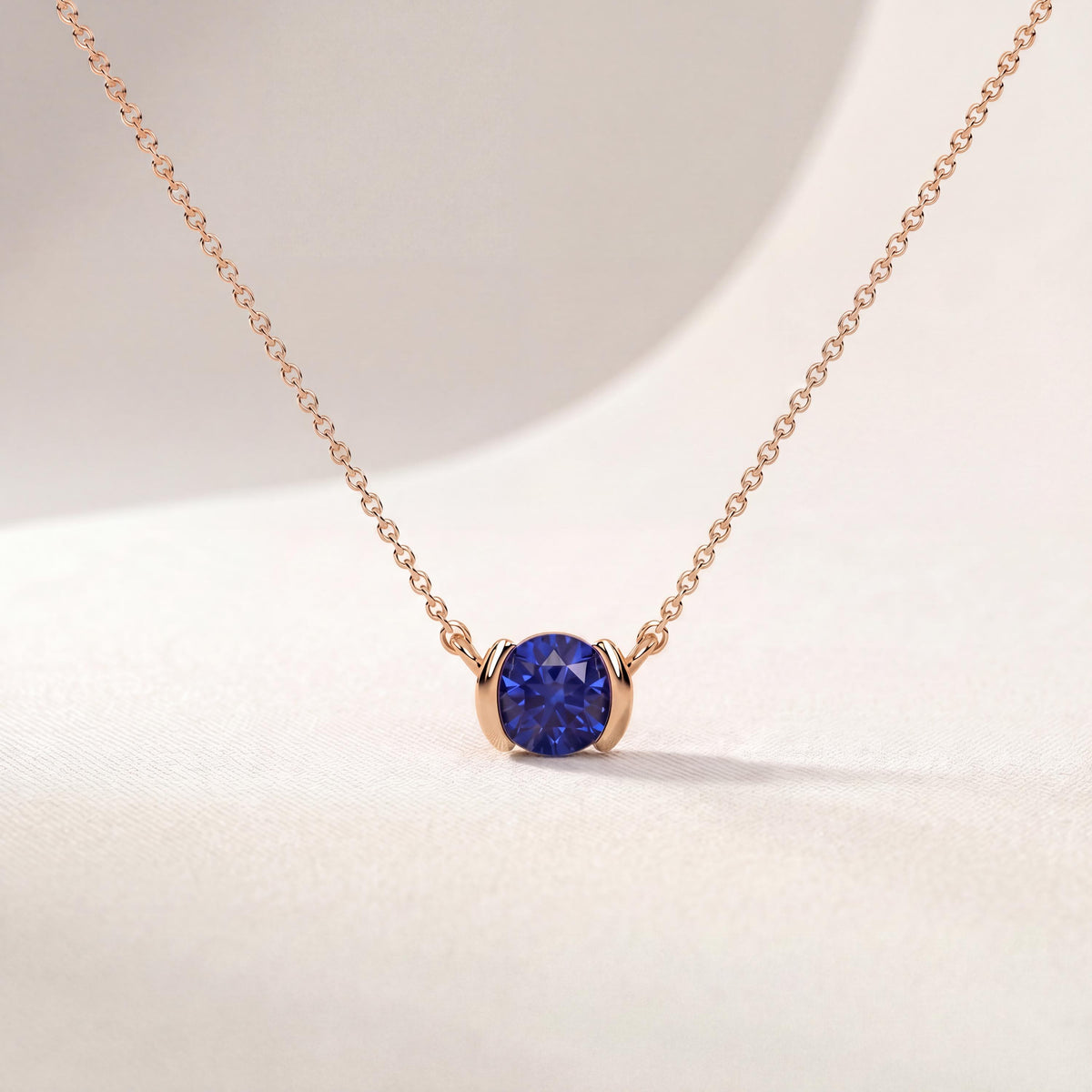 Round Brilliant Cut Sapphire Solitaire Dainty Half Bezel 14K Solid Gold Pendant Necklace
