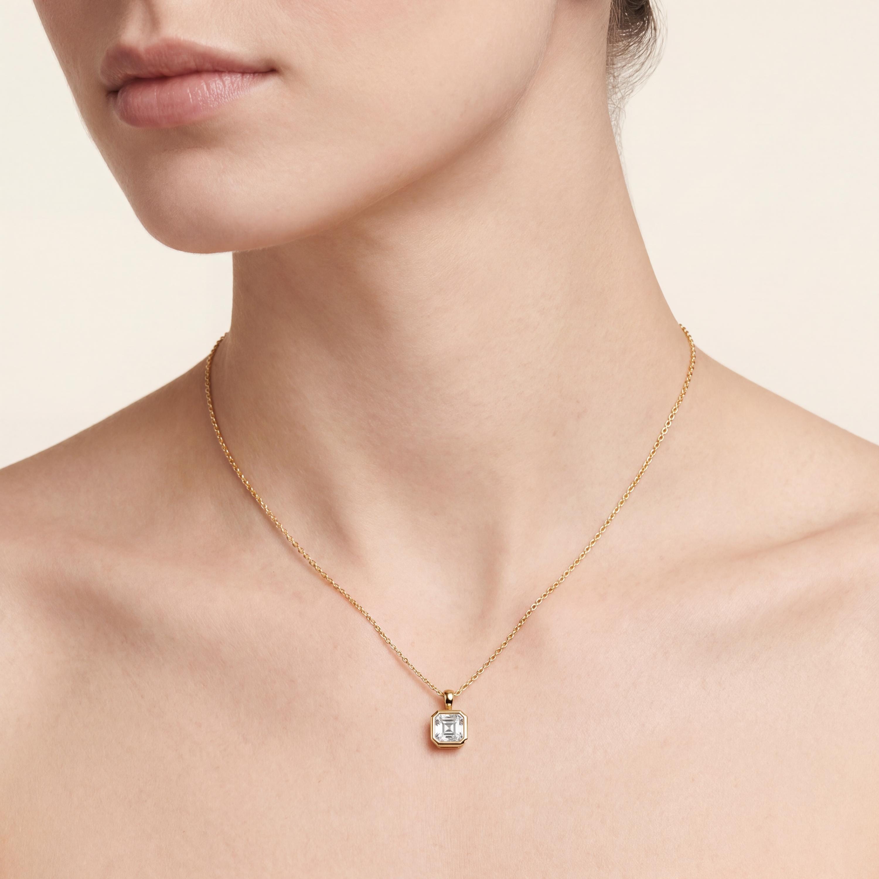14K Gold Diamond Bezel Set Pendant  Elegant Asscher Cut Necklace  Dainty Modern Minimalist Gift For Her By JIORE