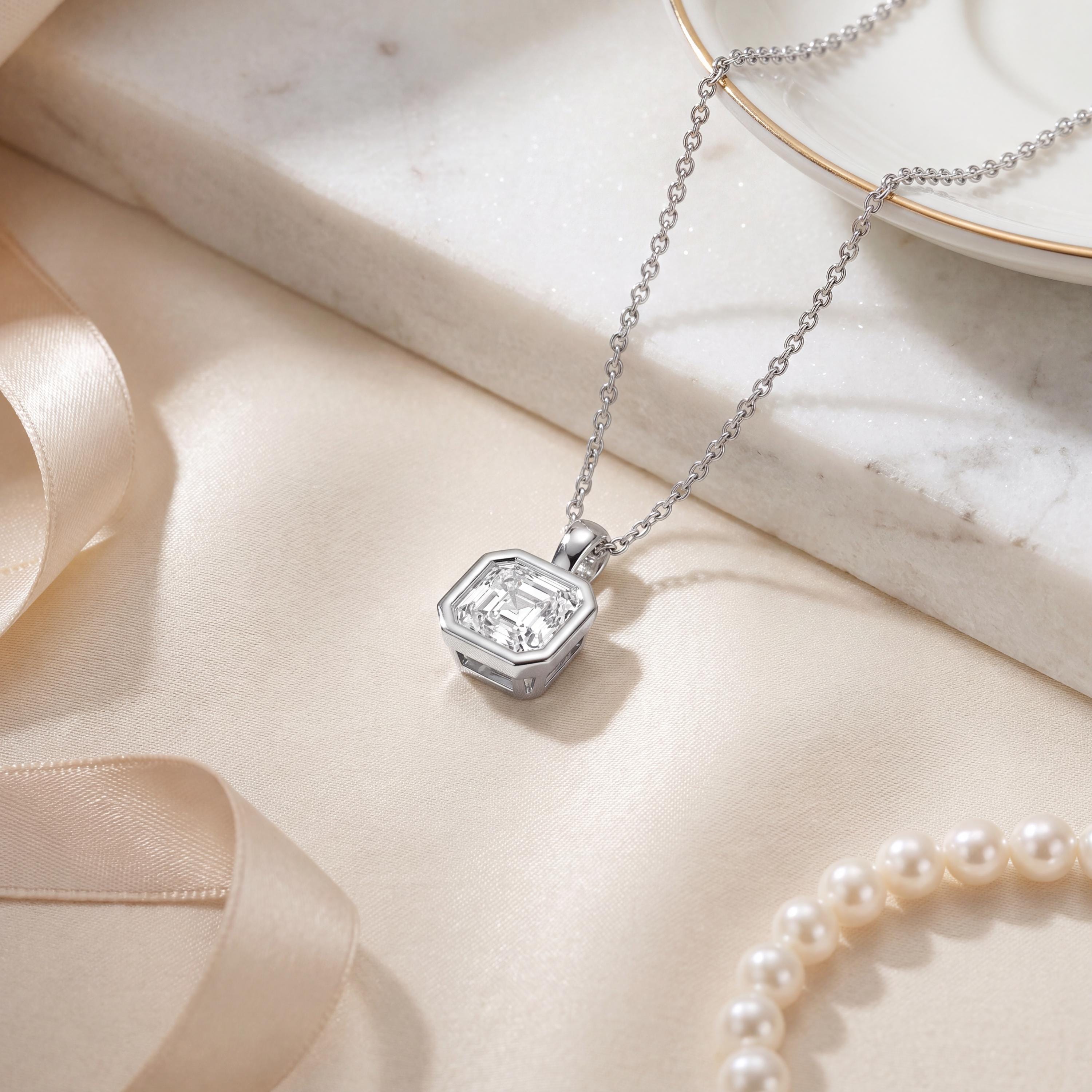 14K Gold Diamond Bezel Set Pendant  Elegant Asscher Cut Necklace  Dainty Modern Minimalist Gift For Her By JIORE