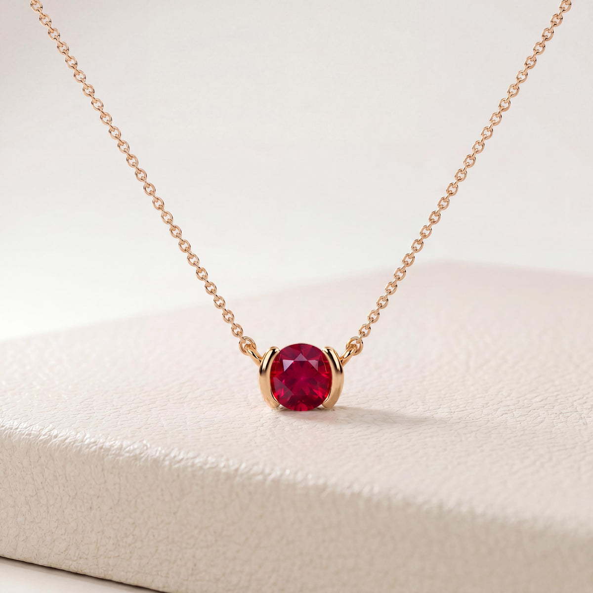 Round Brilliant Cut Ruby Solitaire Dainty Half Bezel 14K Solid Gold Pendant Necklace