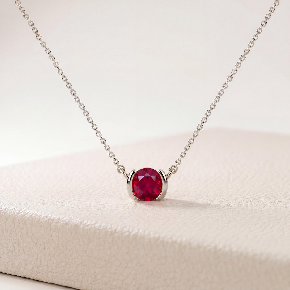 Round Brilliant Cut Ruby Solitaire Dainty Half Bezel 14K Solid Gold Pendant Necklace