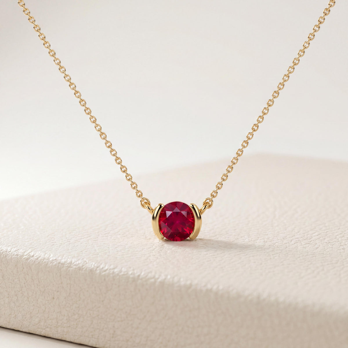Round Brilliant Cut Ruby Solitaire Dainty Half Bezel 14K Solid Gold Pendant Necklace