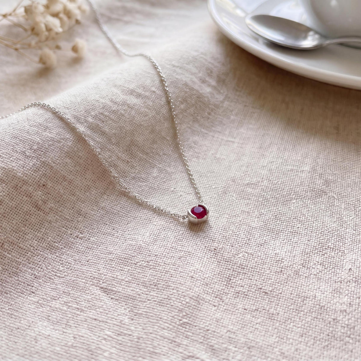 Round Brilliant Cut Ruby Solitaire Dainty Half Bezel 14K Solid Gold Pendant Necklace