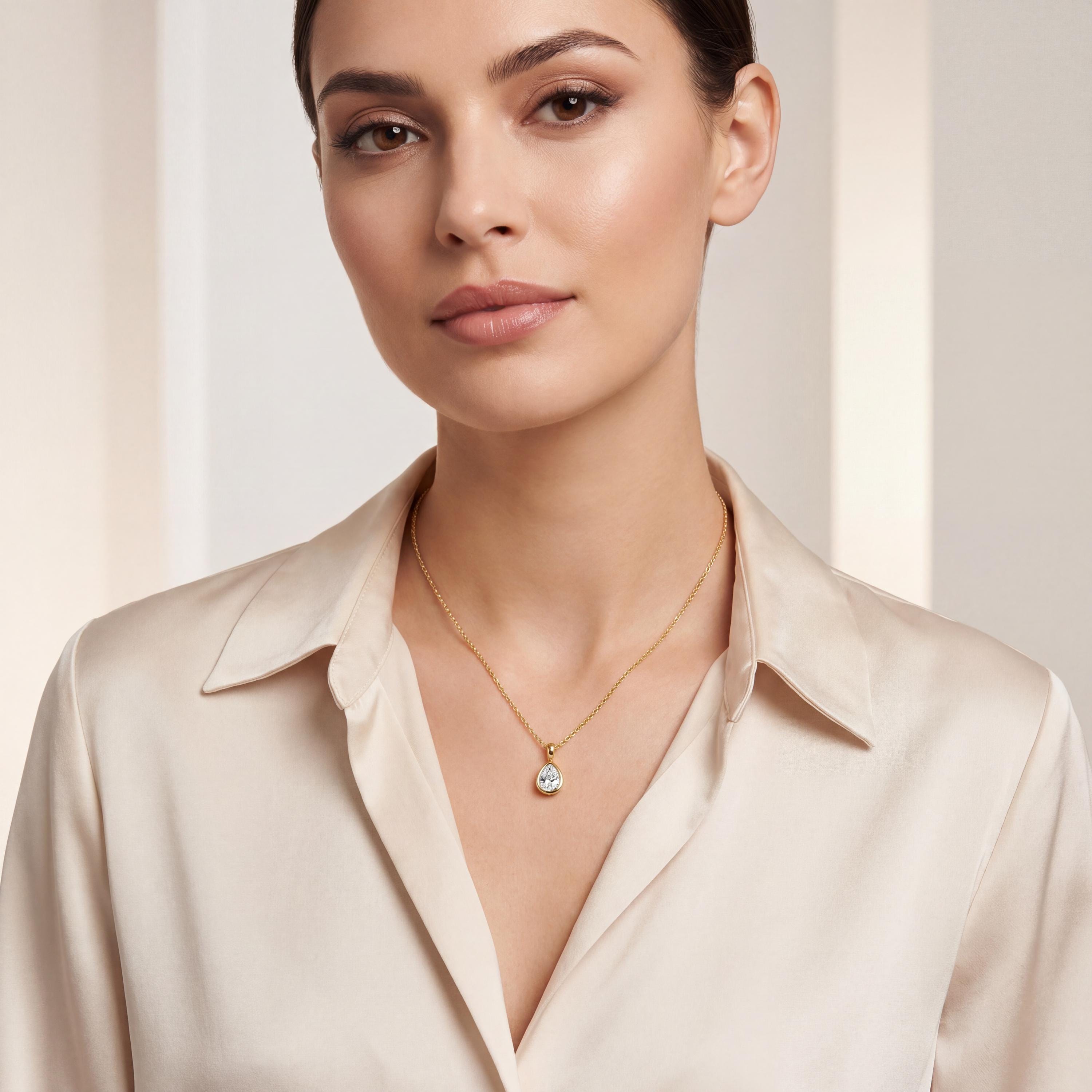 14K Gold Diamond Bezel Pendant  Elegant Pear Shape Tear Drop Necklace  Dainty Modern Minimalist Gift For Her By JIORE