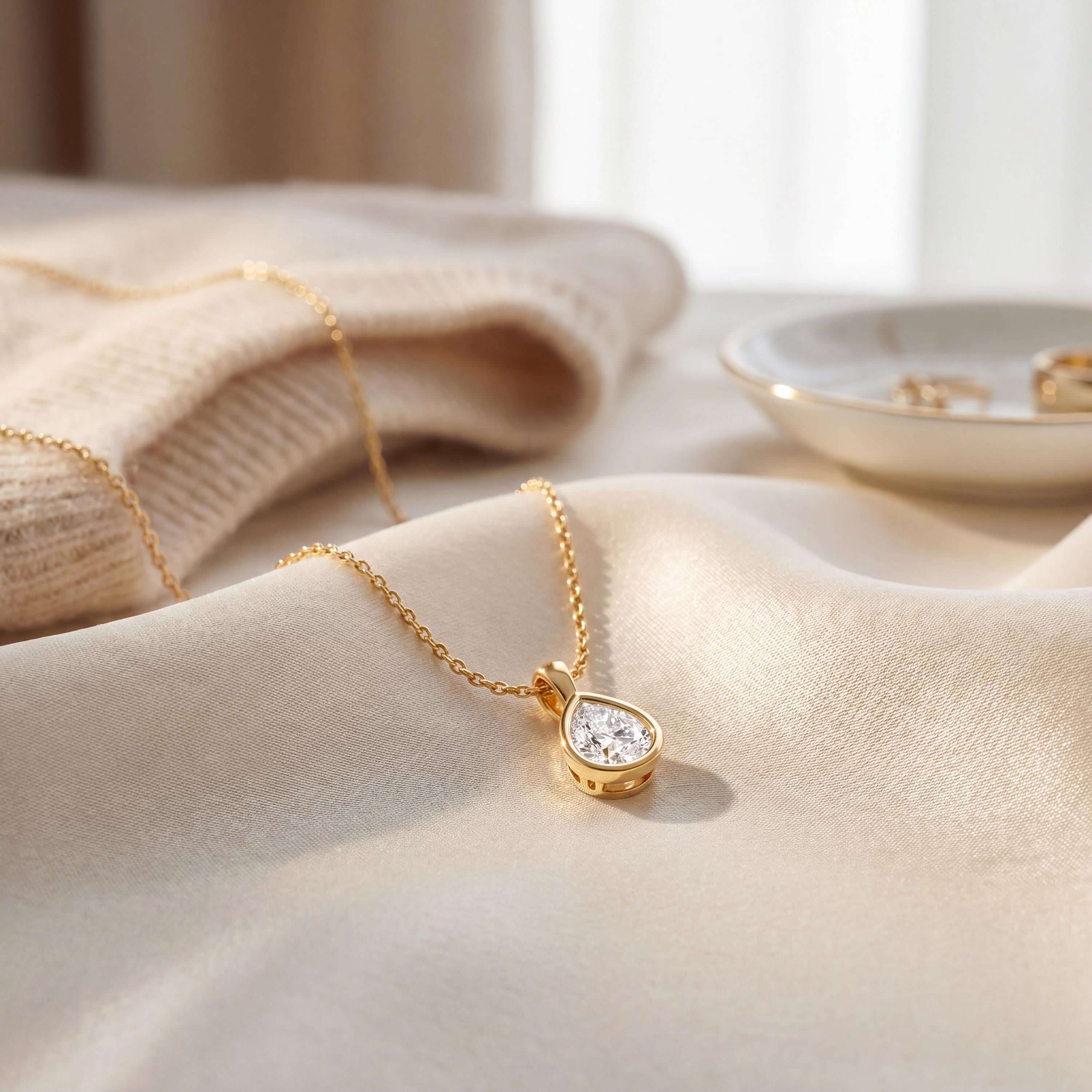 14K Gold Diamond Bezel Pendant  Elegant Pear Shape Tear Drop Necklace  Dainty Modern Minimalist Gift For Her By JIORE