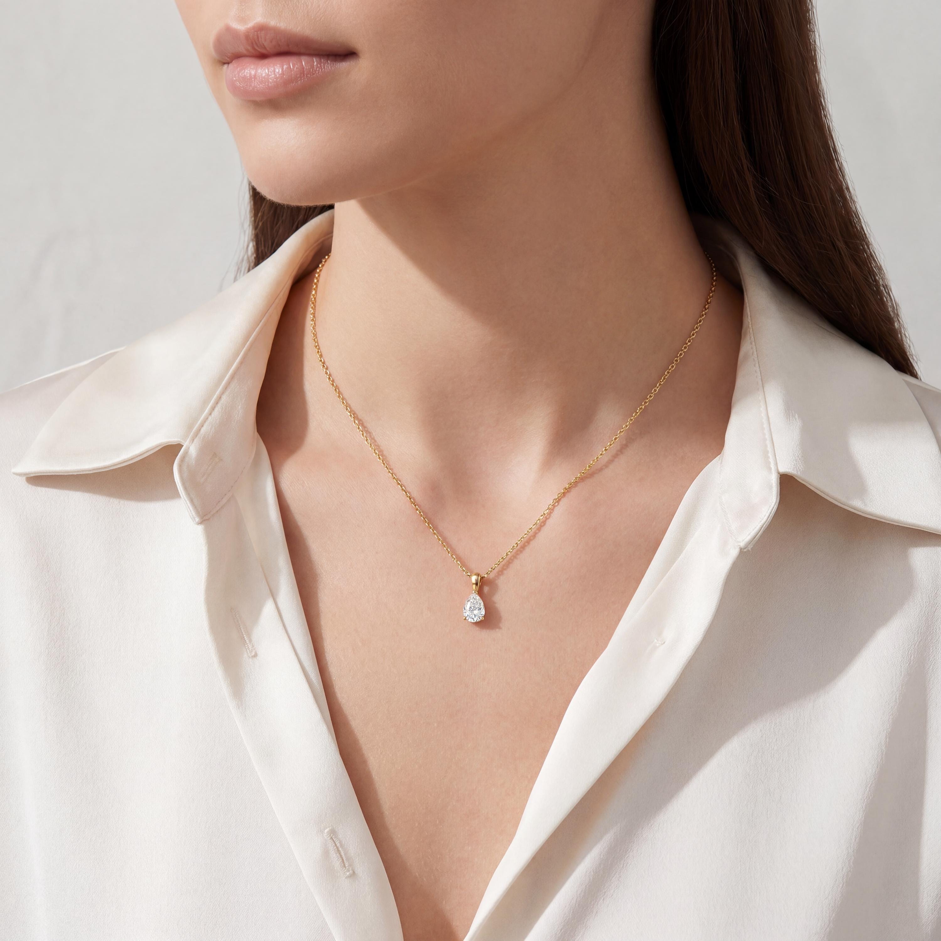 14K Gold Diamond Prong Set Pendant  Elegant Pear Shape Tear Drop Necklace  Dainty Modern Minimalist Gift For Her By JIORE
