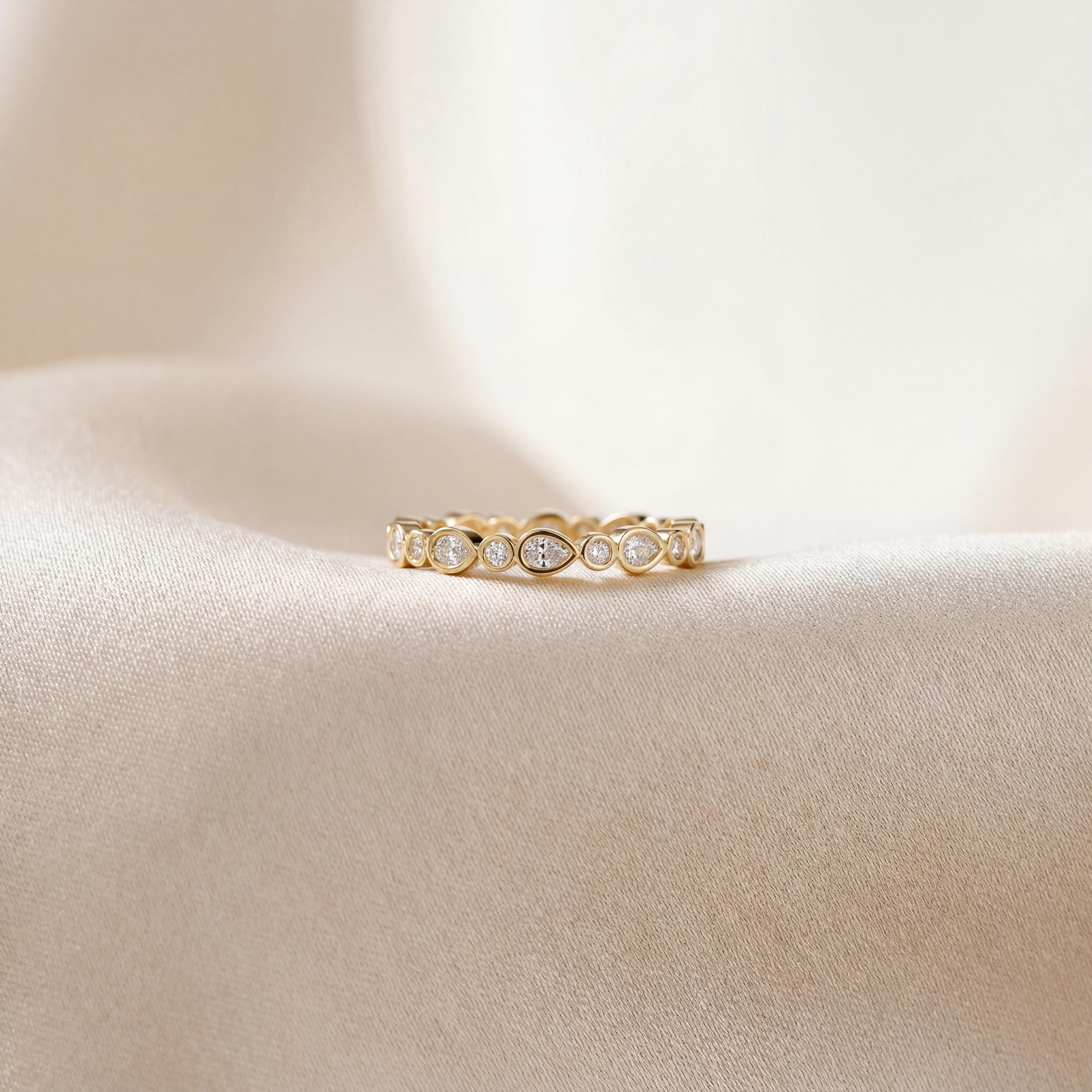 Pear & Round Cut Diamond Full Eternity Wedding Band Ring 14K Solid Gold Bezel Set