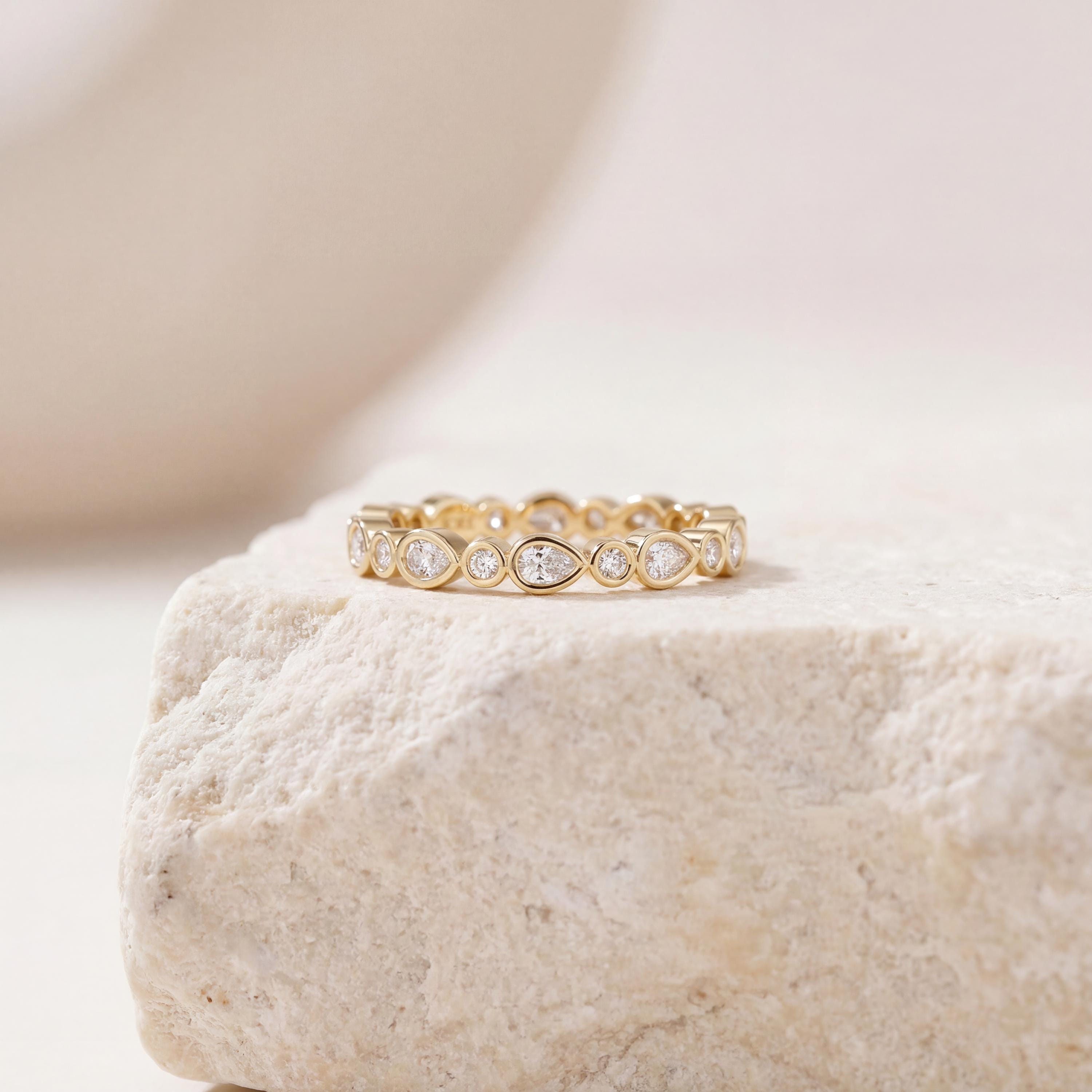 Pear & Round Cut Diamond Full Eternity Wedding Band Ring 14K Solid Gold Bezel Set