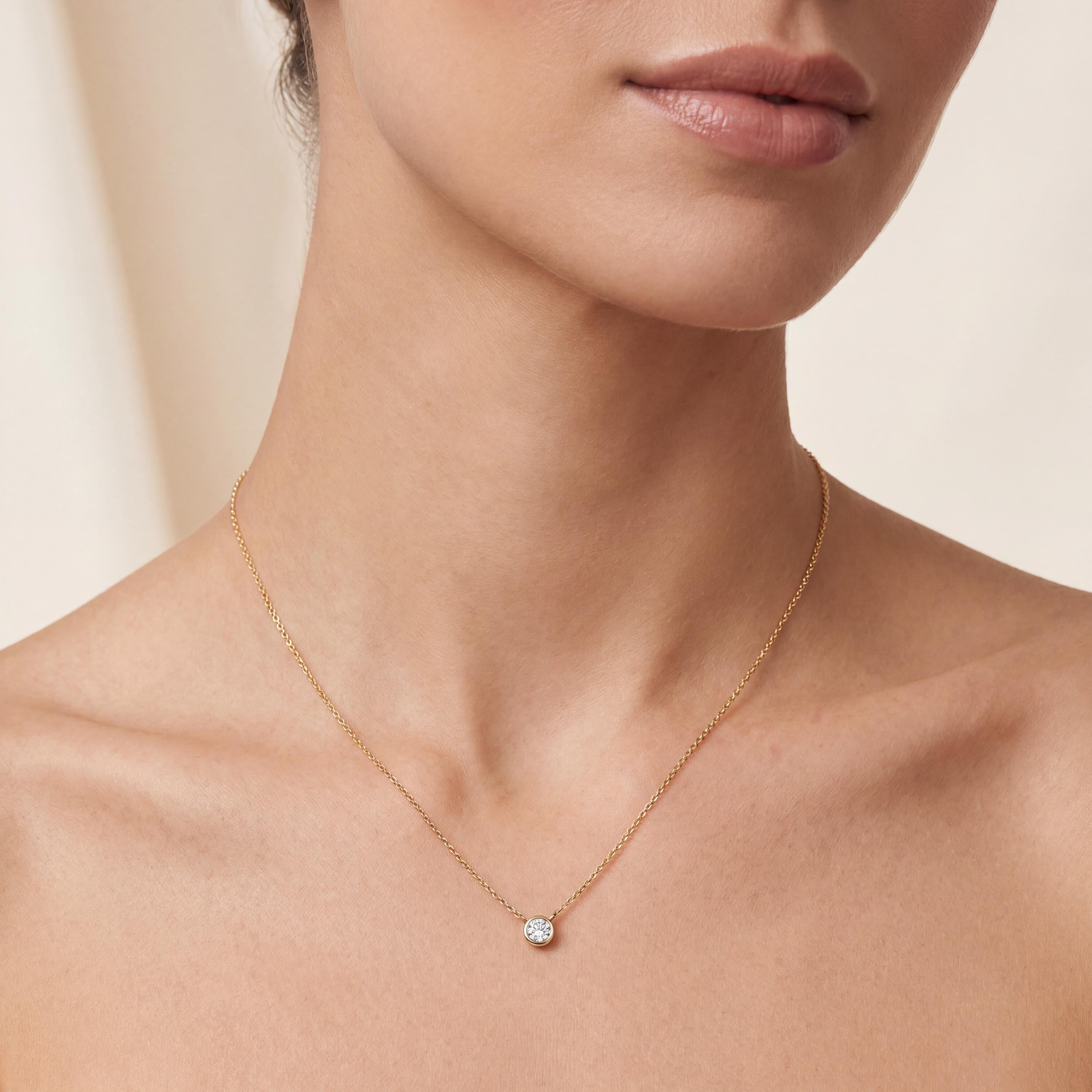 Round Diamond Bezel Set Solitaire 14K Solid Gold Pendant Necklace