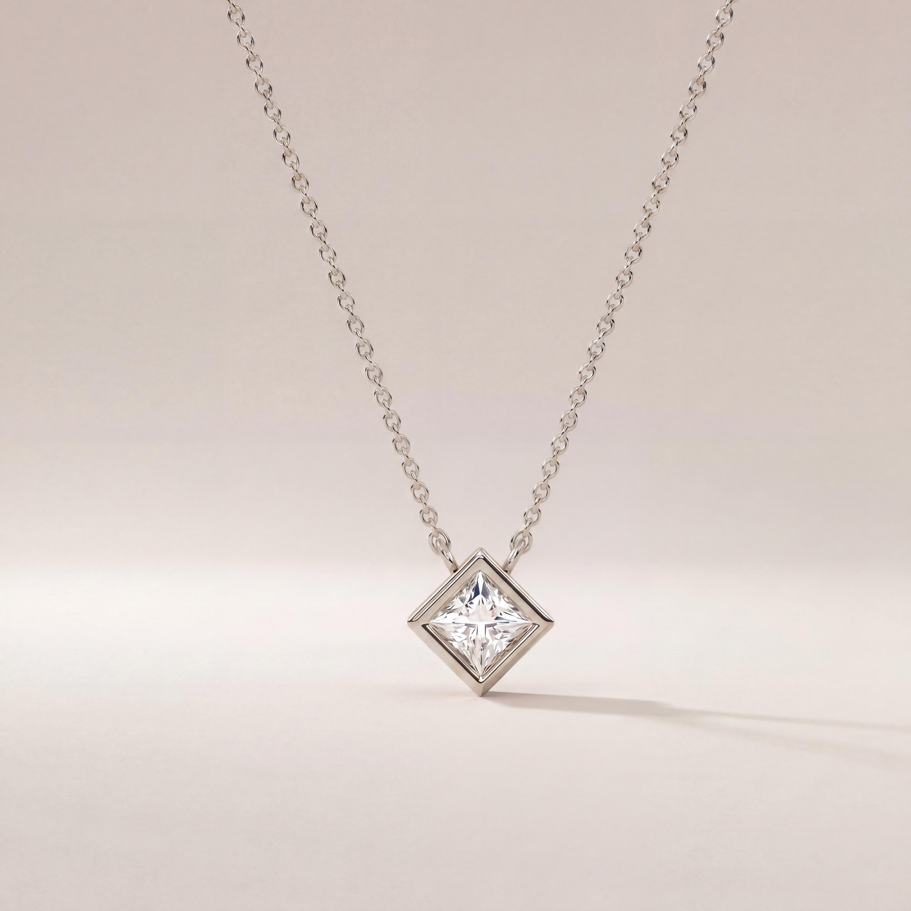Princess Cut Diamond Bezel Set Solitaire 14K Solid Gold Pendant Necklace