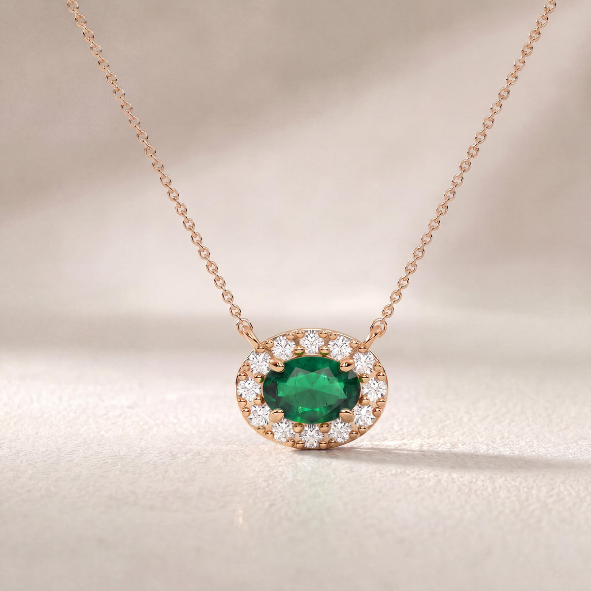 Oval Emerald & Diamond Halo Dainty 14K Solid Gold Pendant Necklace