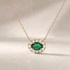 Oval Emerald & Diamond Halo Dainty 14K Solid Gold Pendant Necklace