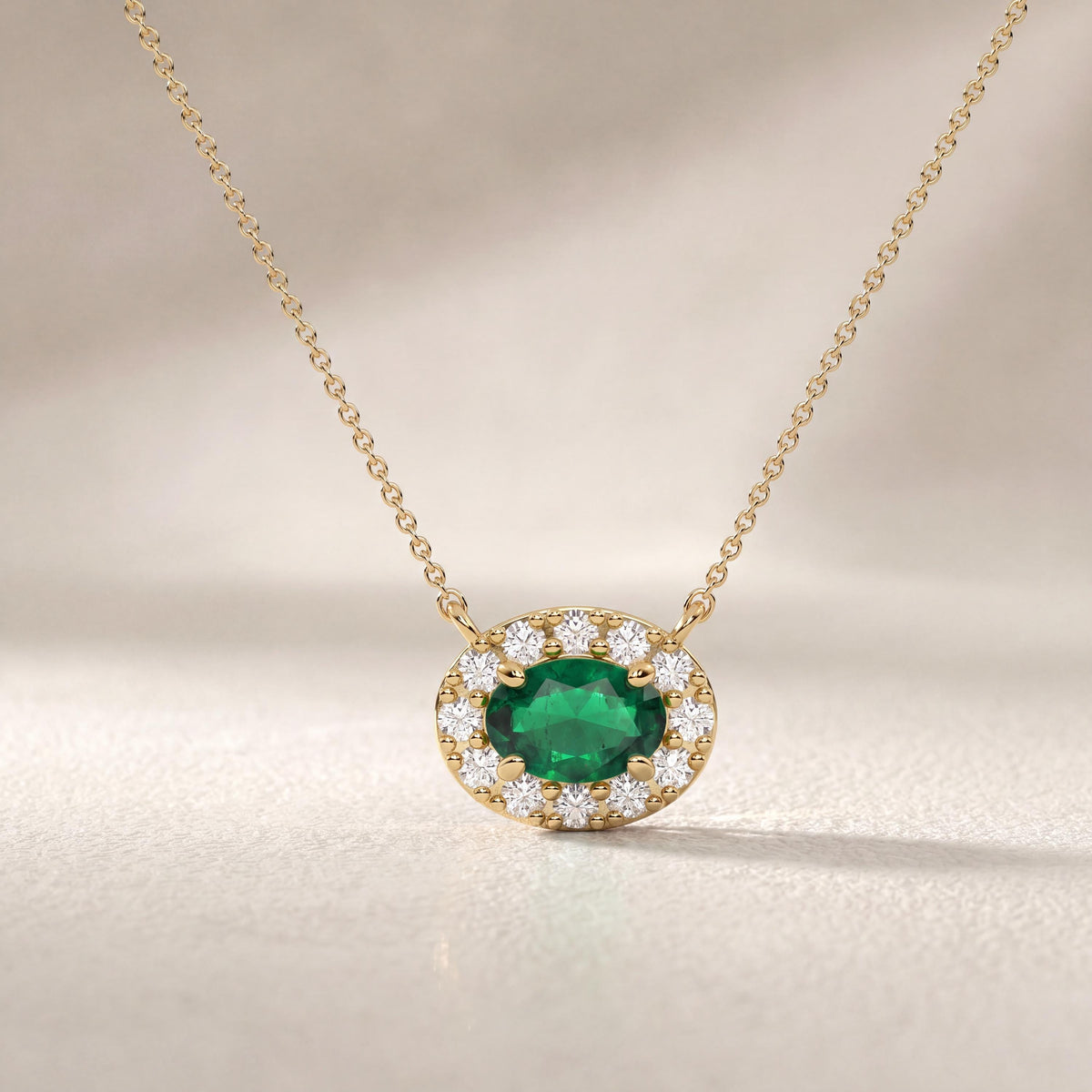 Oval Emerald & Diamond Halo Dainty 14K Solid Gold Pendant Necklace