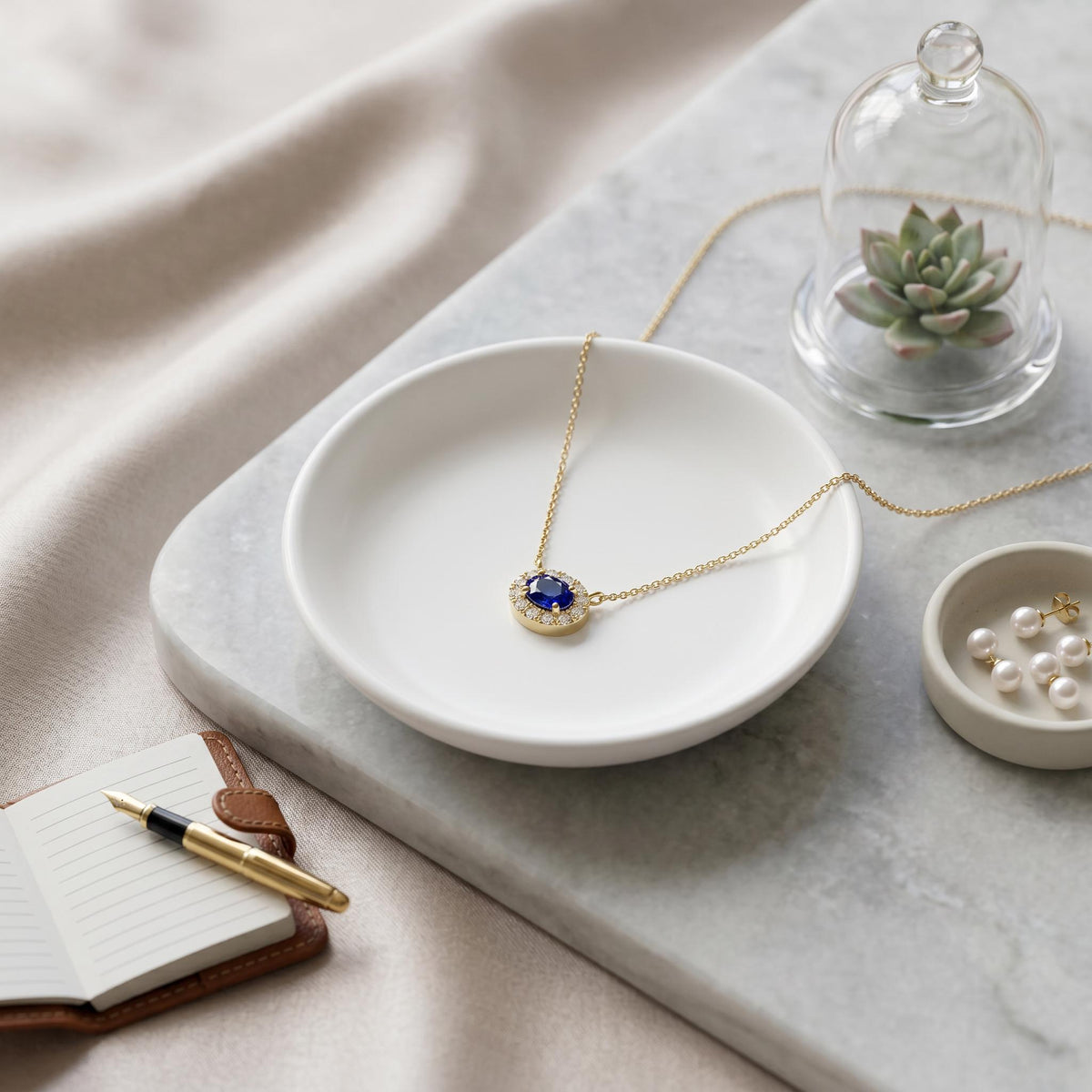 Oval Sapphire & Diamond Halo Dainty 14K Solid Gold Pendant Necklace