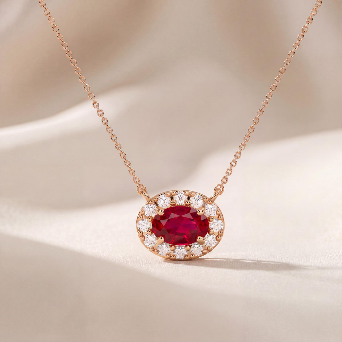 Oval Ruby & Diamond Halo Dainty 14K Solid Gold Pendant Necklace