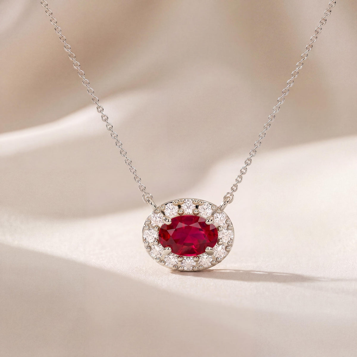 Oval Ruby & Diamond Halo Dainty 14K Solid Gold Pendant Necklace