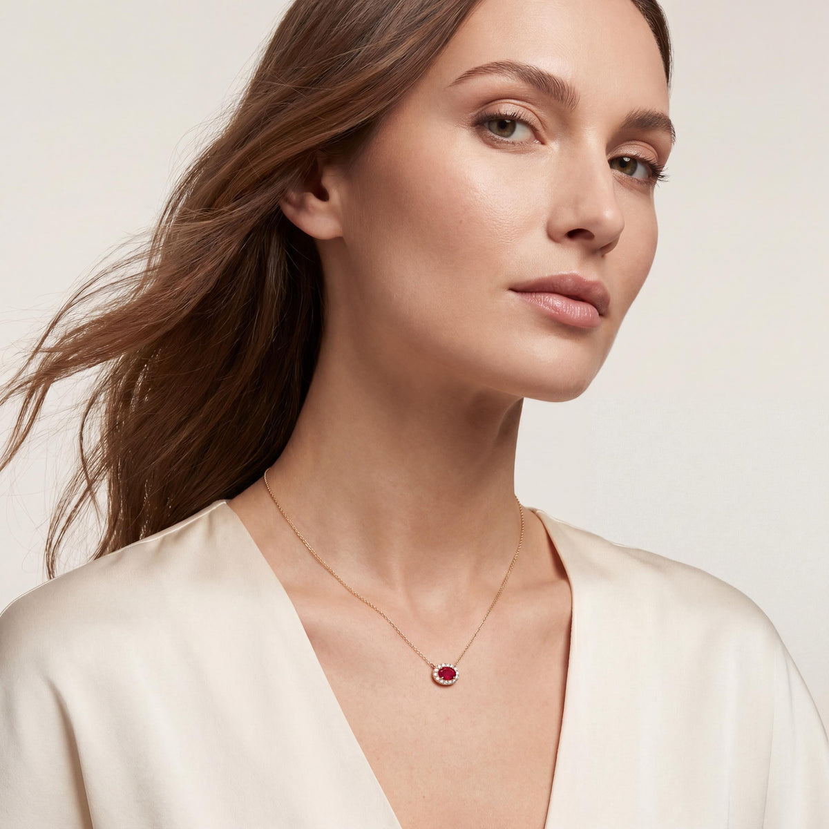 Oval Ruby & Diamond Halo Dainty 14K Solid Gold Pendant Necklace