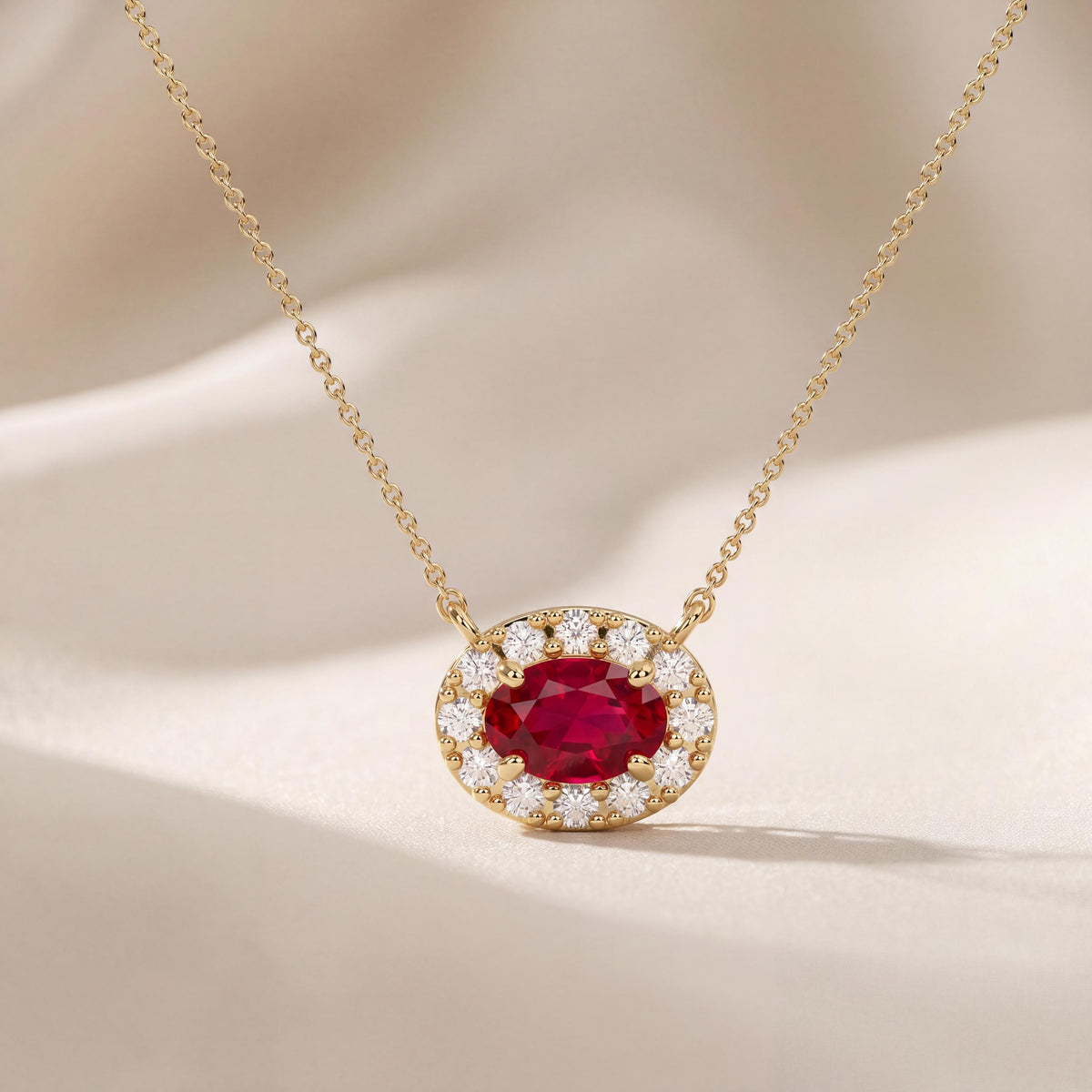 Oval Ruby & Diamond Halo Dainty 14K Solid Gold Pendant Necklace
