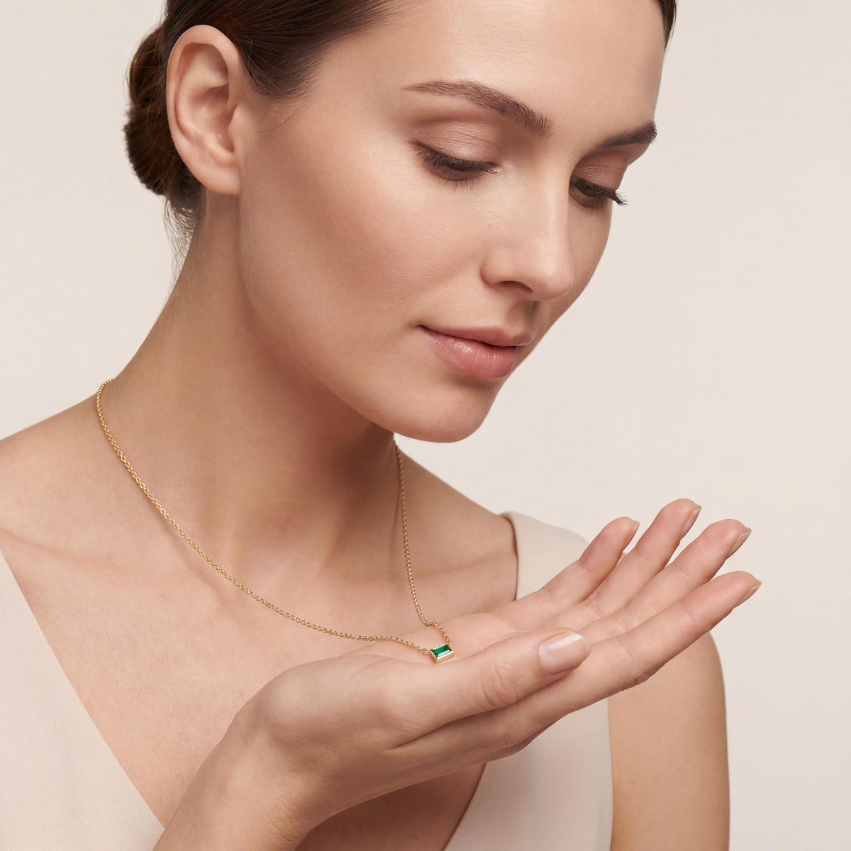 Baguette Emerald Solitaire Dainty Bezel Set 14K Solid Gold Pendant Necklace