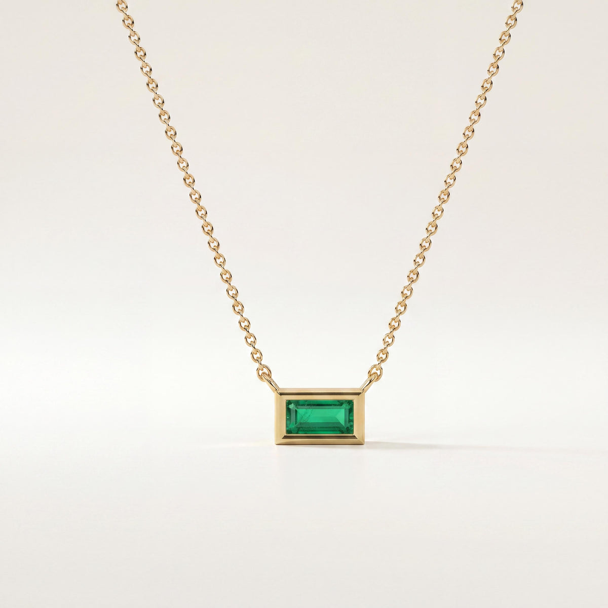 Baguette Emerald Solitaire Dainty Bezel Set 14K Solid Gold Pendant Necklace