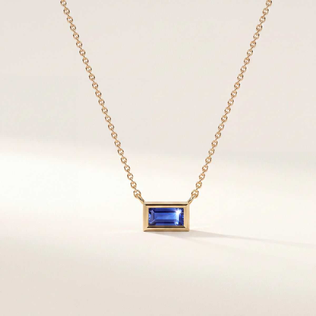 Baguette Sapphire Solitaire Dainty Bezel Set 14K Solid Gold Pendant Necklace