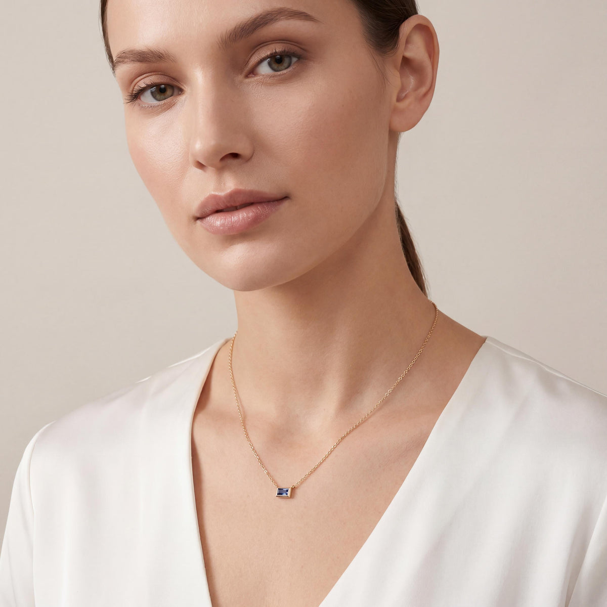 Baguette Sapphire Solitaire Dainty Bezel Set 14K Solid Gold Pendant Necklace