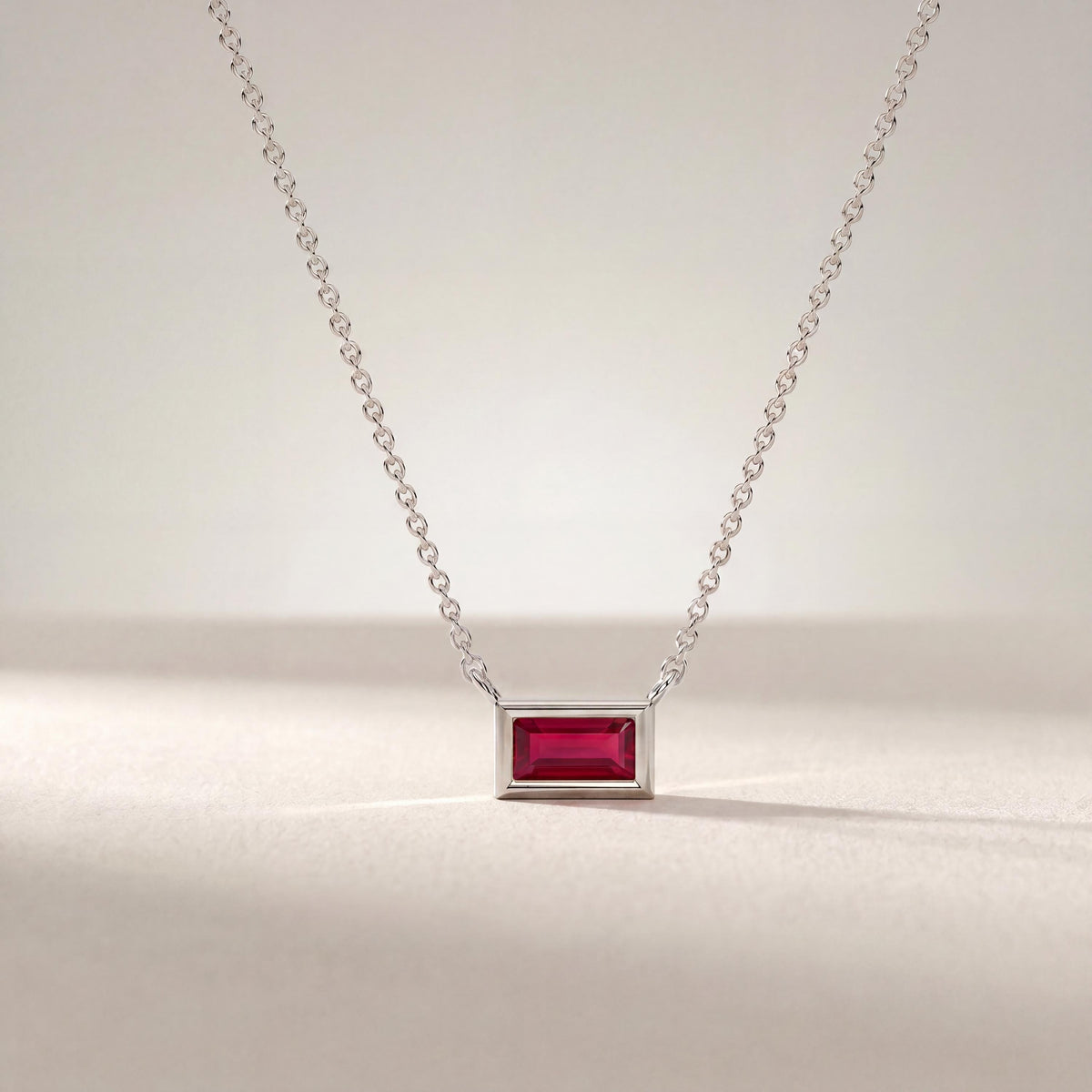 Baguette Ruby Solitaire Dainty Bezel Set 14K Solid Gold Pendant Necklace