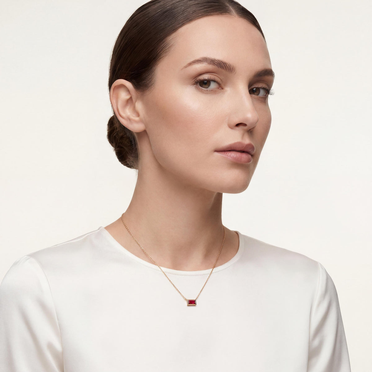 Baguette Ruby Solitaire Dainty Bezel Set 14K Solid Gold Pendant Necklace