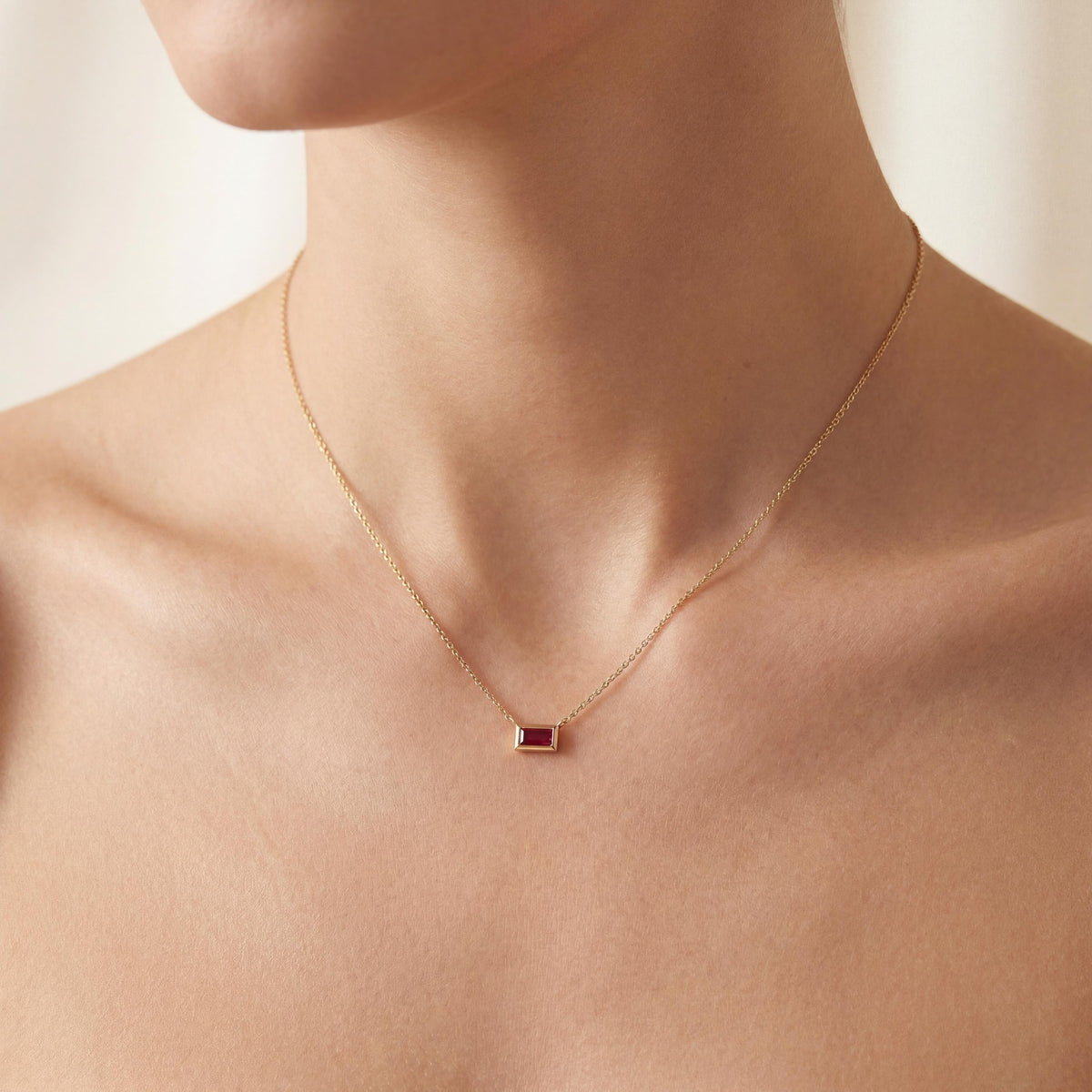 Baguette Ruby Solitaire Dainty Bezel Set 14K Solid Gold Pendant Necklace