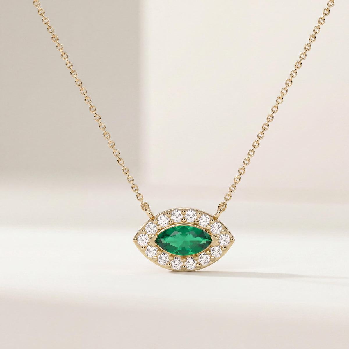 Marquise Emerald & Diamond Halo Eye Shape 14K Solid Gold Pendant Necklace