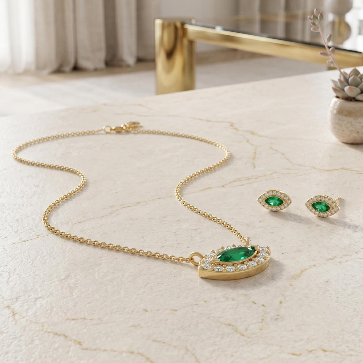 Marquise Emerald & Diamond Halo Eye Shape 14K Solid Gold Pendant Necklace