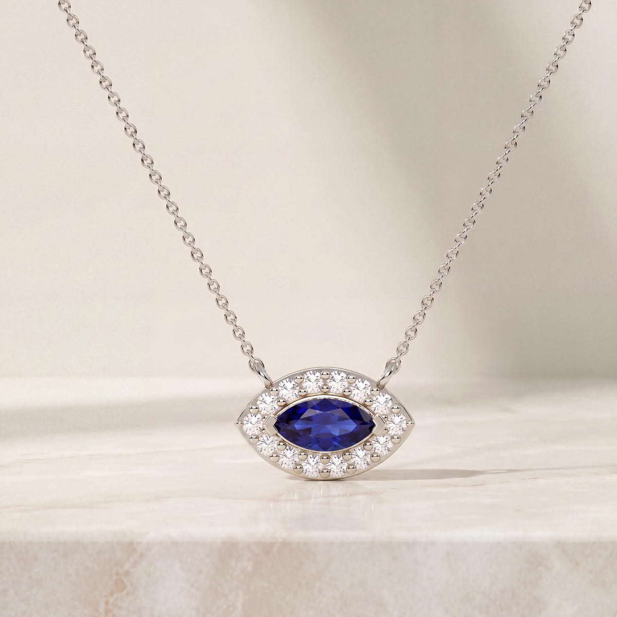 Marquise Sapphire & Diamond Halo Eye Shape 14K Solid Gold Pendant Necklace