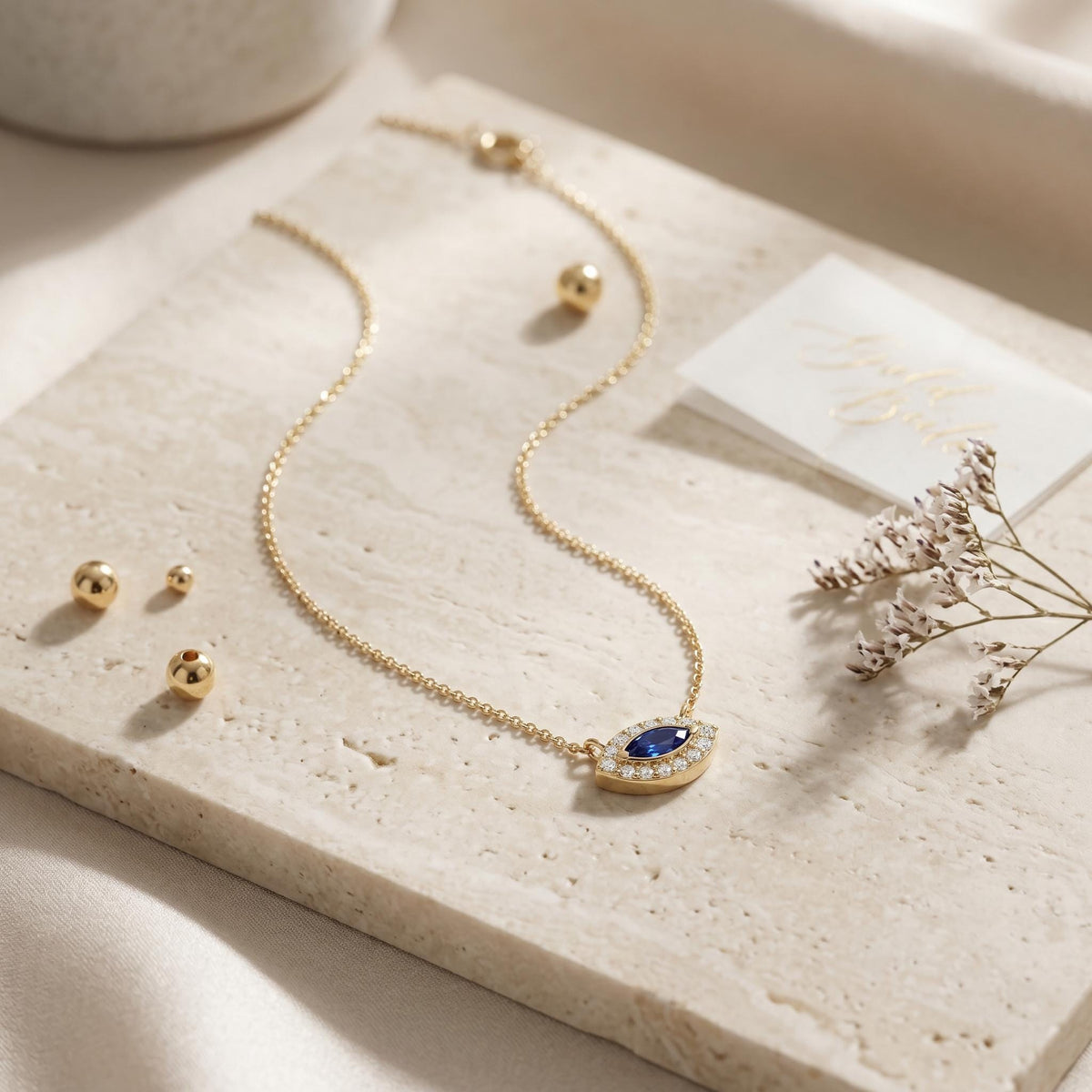 Marquise Sapphire & Diamond Halo Eye Shape 14K Solid Gold Pendant Necklace