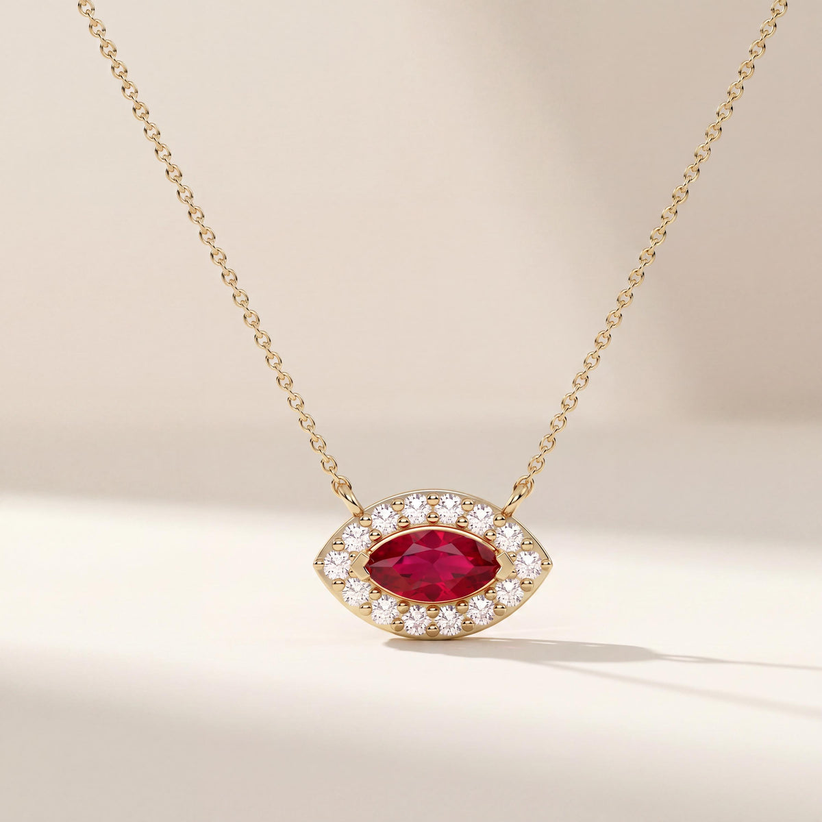 Marquise Ruby & Diamond Halo Eye Shape 14K Solid Gold Pendant Necklace