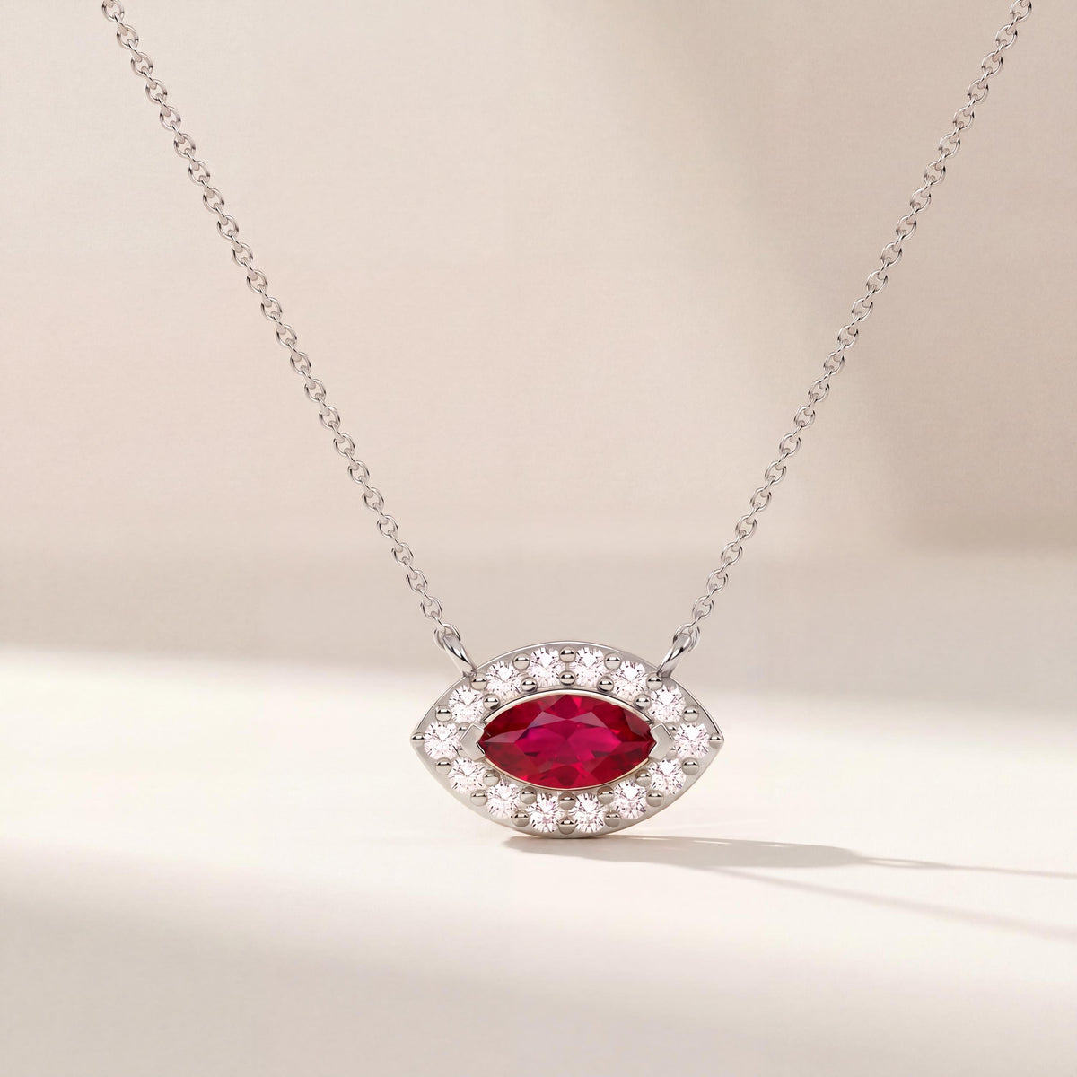 Marquise Ruby & Diamond Halo Eye Shape 14K Solid Gold Pendant Necklace