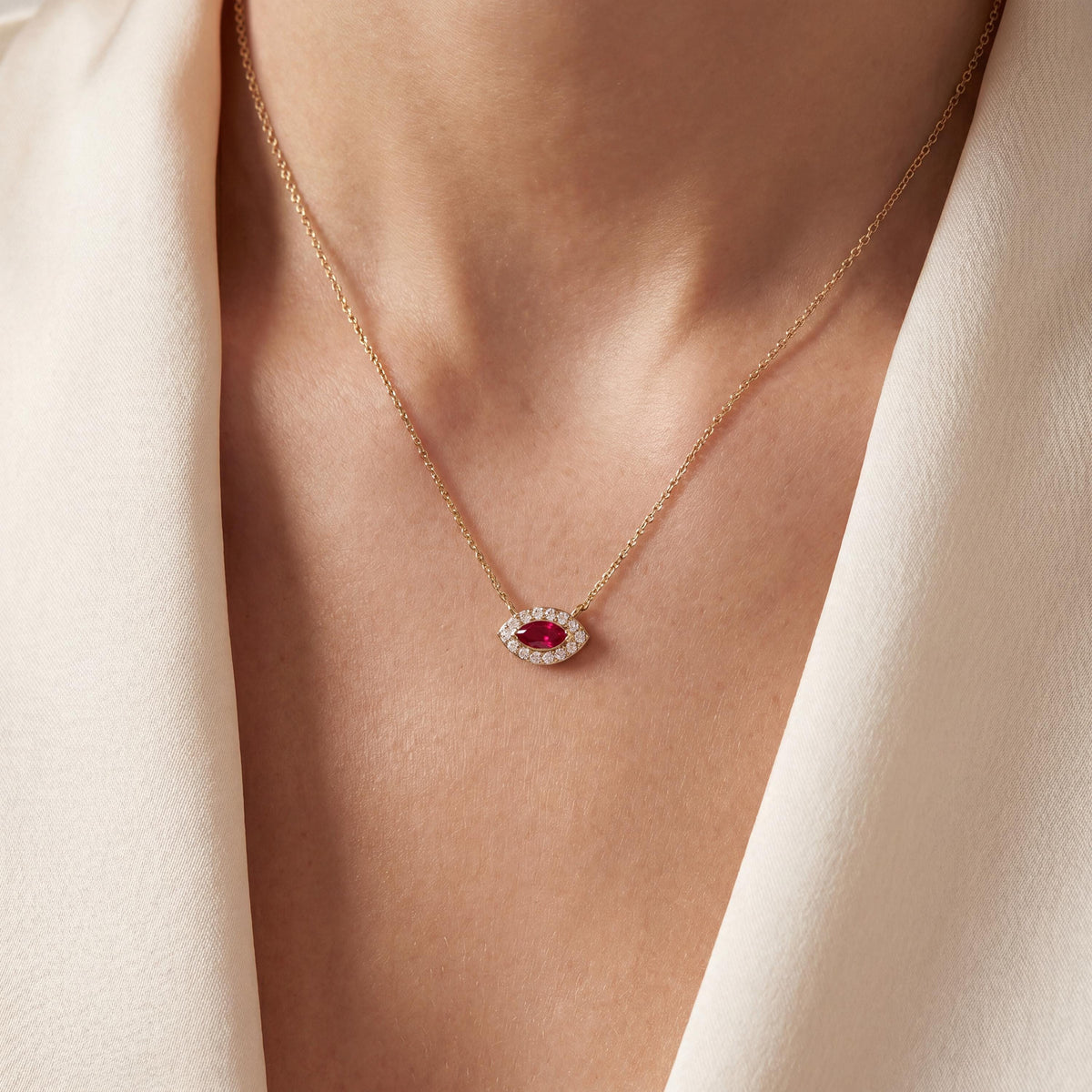 Marquise Ruby & Diamond Halo Eye Shape 14K Solid Gold Pendant Necklace