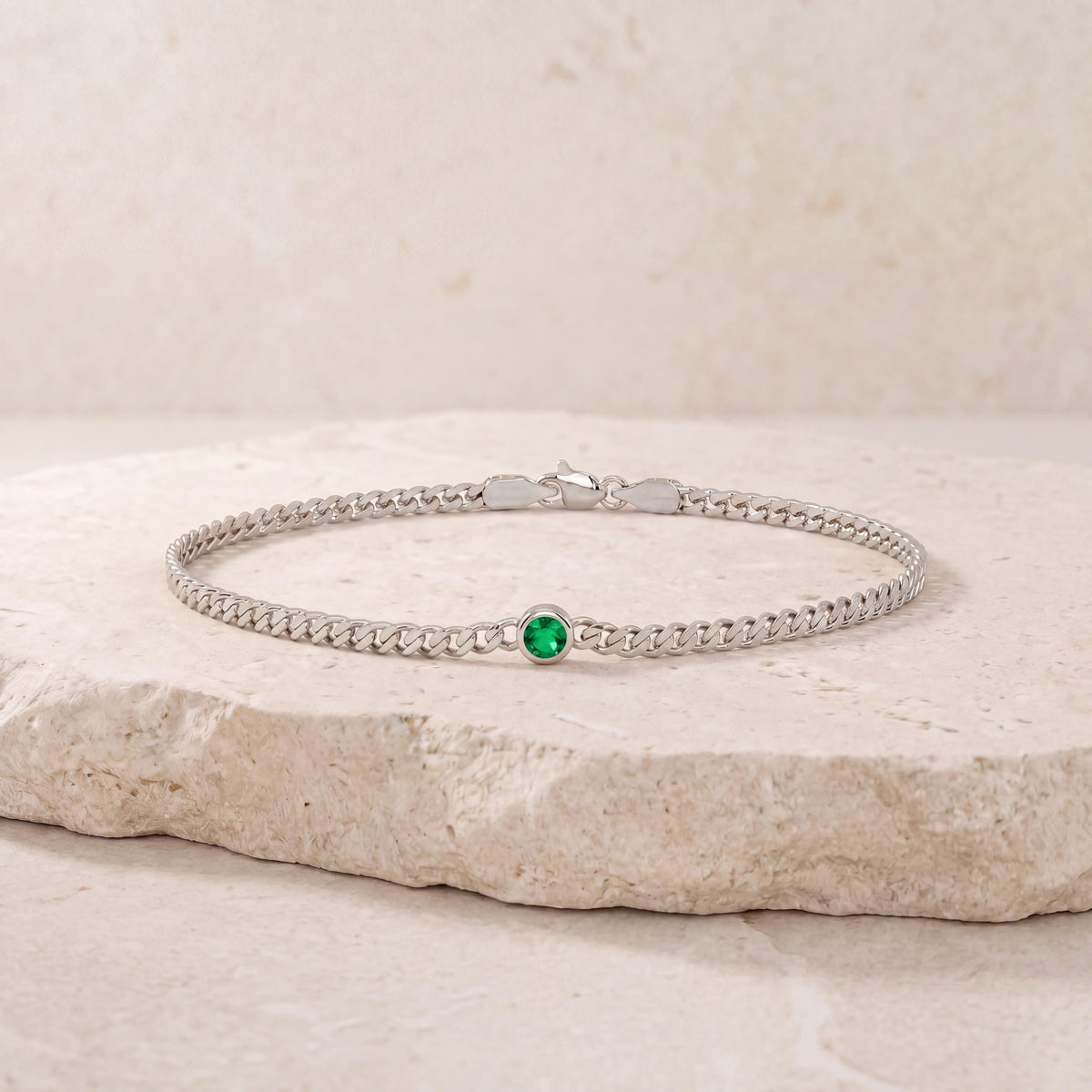 Round Brilliant Cut Bezel Set Emerald Solitaire 14K Solid Gold Cuban Curb Link Bracelet
