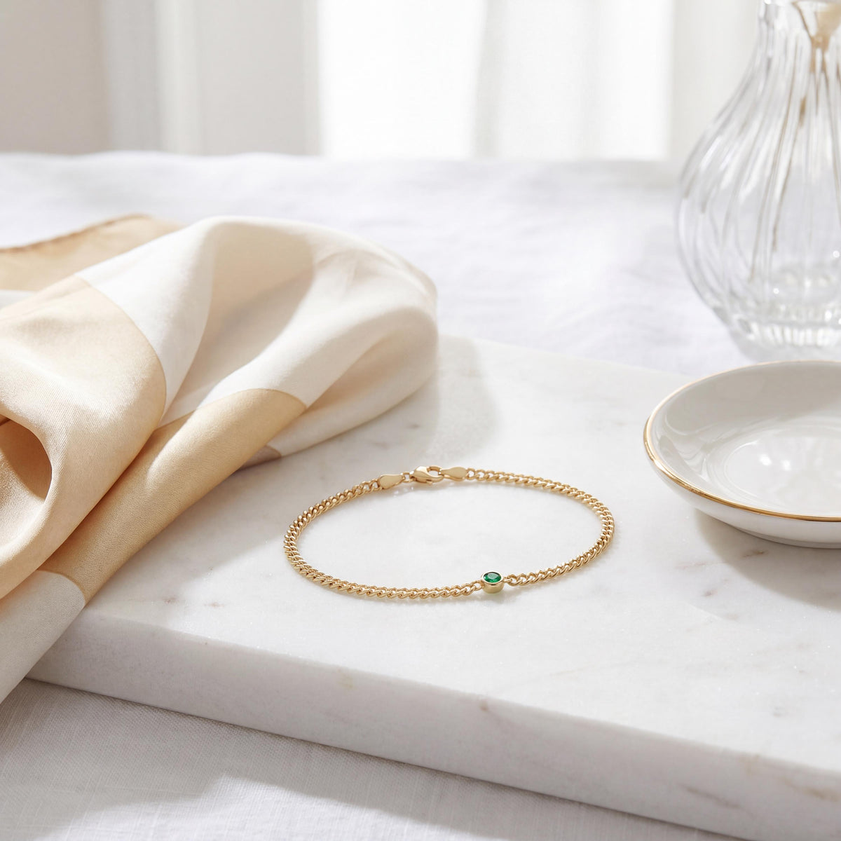 Round Brilliant Cut Bezel Set Emerald Solitaire 14K Solid Gold Cuban Curb Link Bracelet