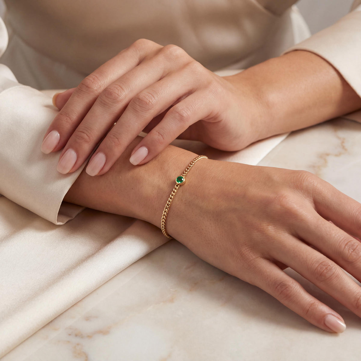 Round Brilliant Cut Bezel Set Emerald Solitaire 14K Solid Gold Cuban Curb Link Bracelet
