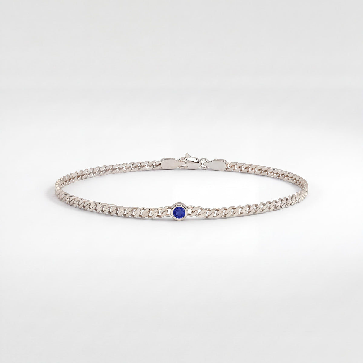 Round Brilliant Cut Bezel Set Sapphire Solitaire 14K Solid Gold Cuban Curb Link Bracelet