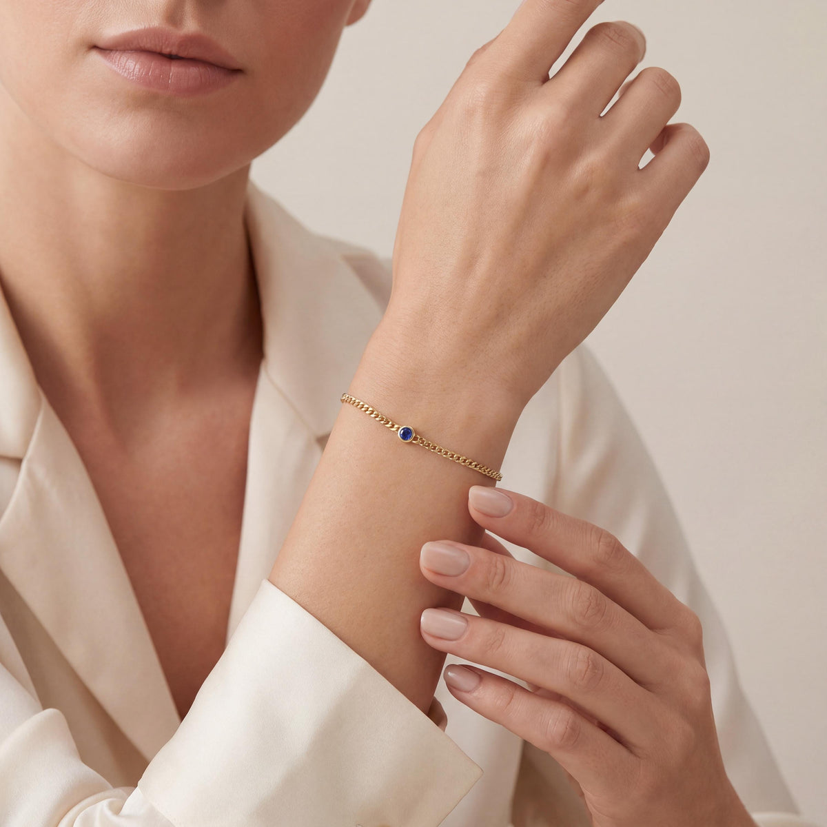 Round Brilliant Cut Bezel Set Sapphire Solitaire 14K Solid Gold Cuban Curb Link Bracelet