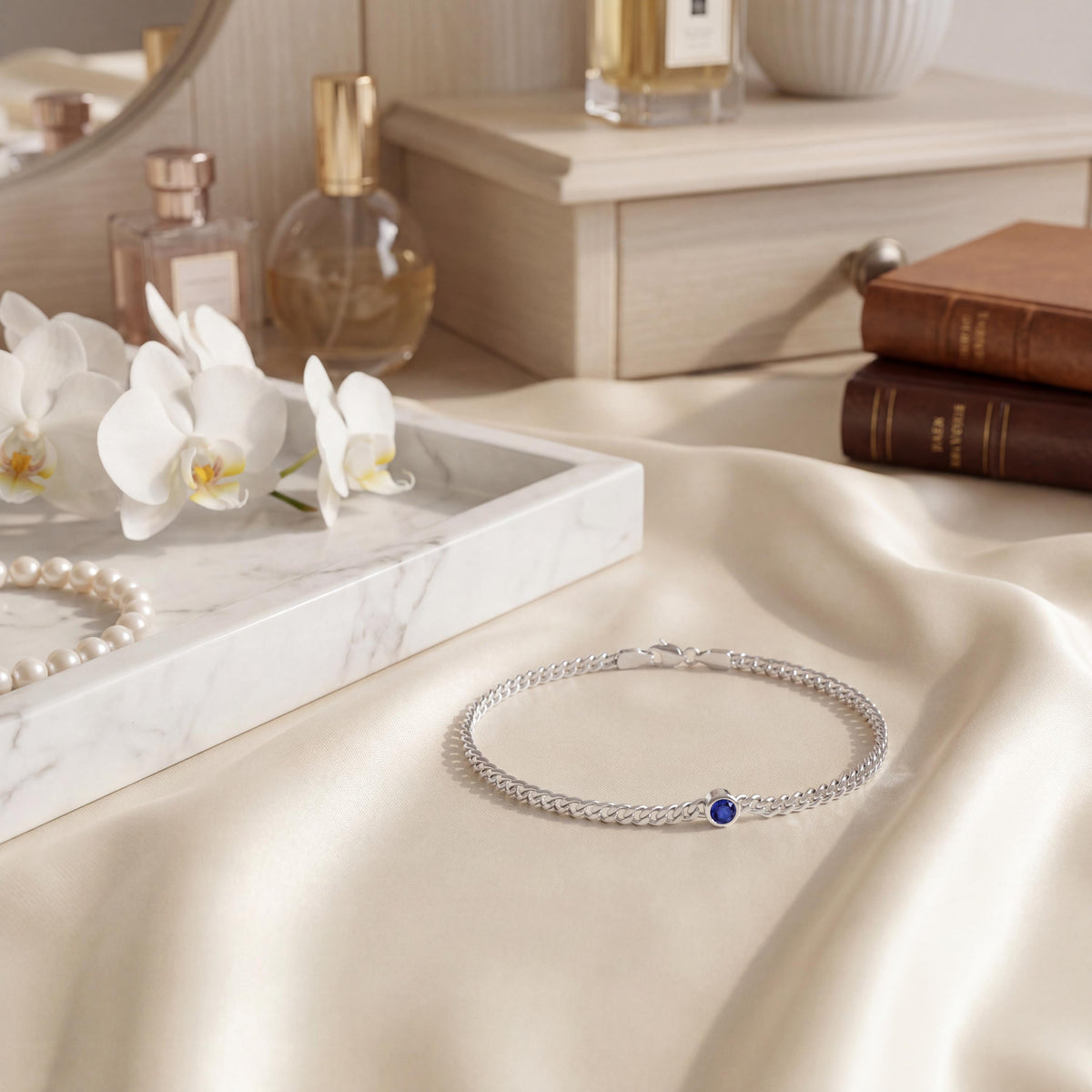 Round Brilliant Cut Bezel Set Sapphire Solitaire 14K Solid Gold Cuban Curb Link Bracelet