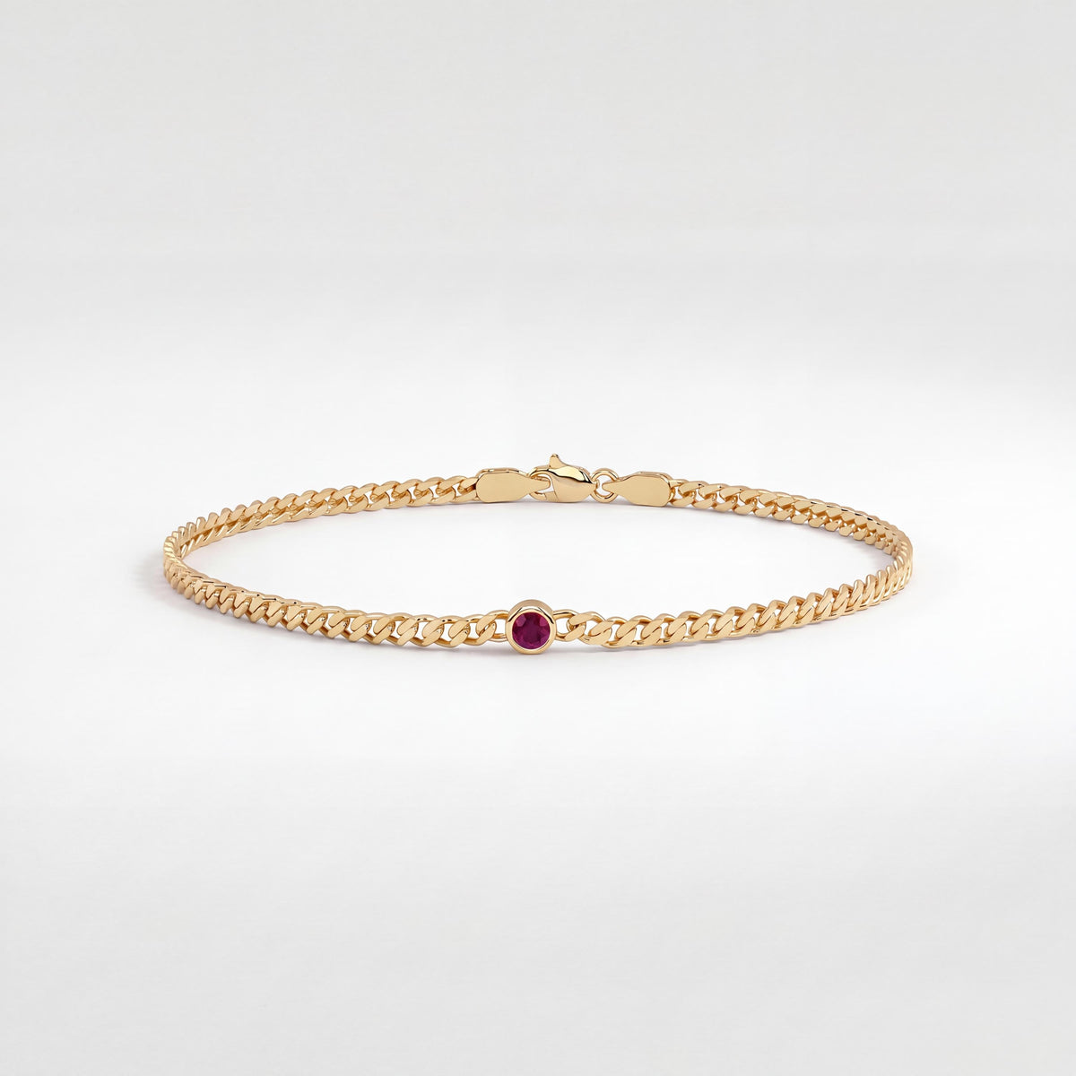 Round Brilliant Cut Bezel Set Ruby Solitaire 14K Solid Gold Cuban Curb Link Bracelet