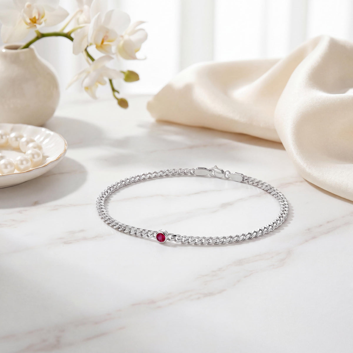 Round Brilliant Cut Bezel Set Ruby Solitaire 14K Solid Gold Cuban Curb Link Bracelet