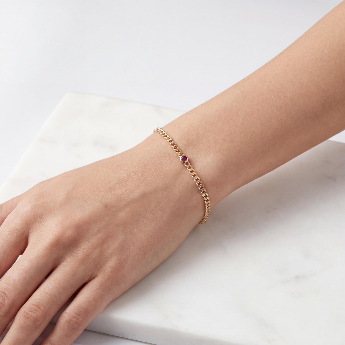 Round Brilliant Cut Bezel Set Ruby Solitaire 14K Solid Gold Cuban Curb Link Bracelet