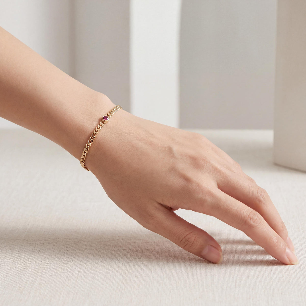 Round Brilliant Cut Bezel Set Ruby Solitaire 14K Solid Gold Cuban Curb Link Bracelet